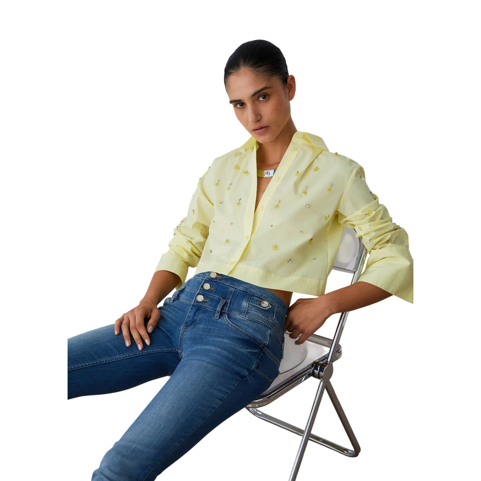 Camicia gialla con paillettes e strass - Image 5
