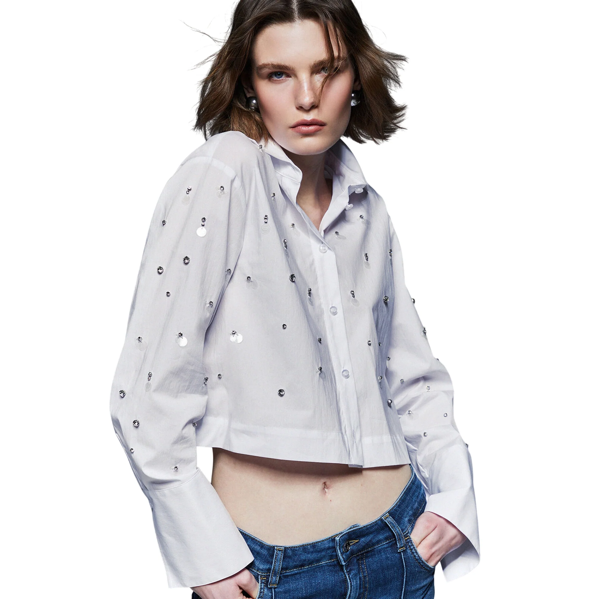 Camicia bianca con paillettes e ricami gioiello - Image 4