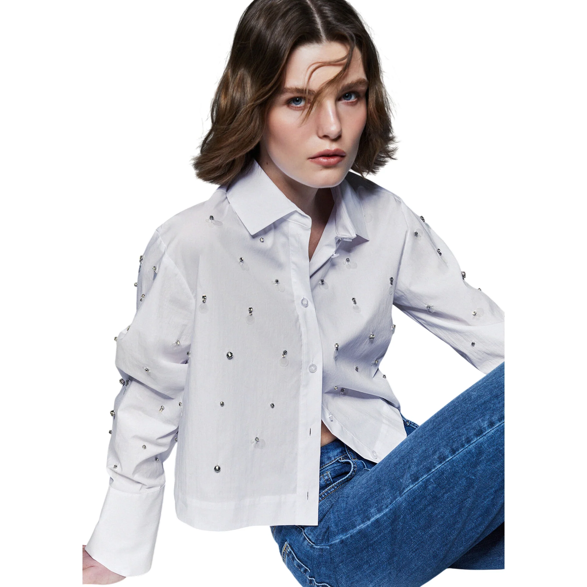 Camicia bianca con paillettes e ricami gioiello - Image 5