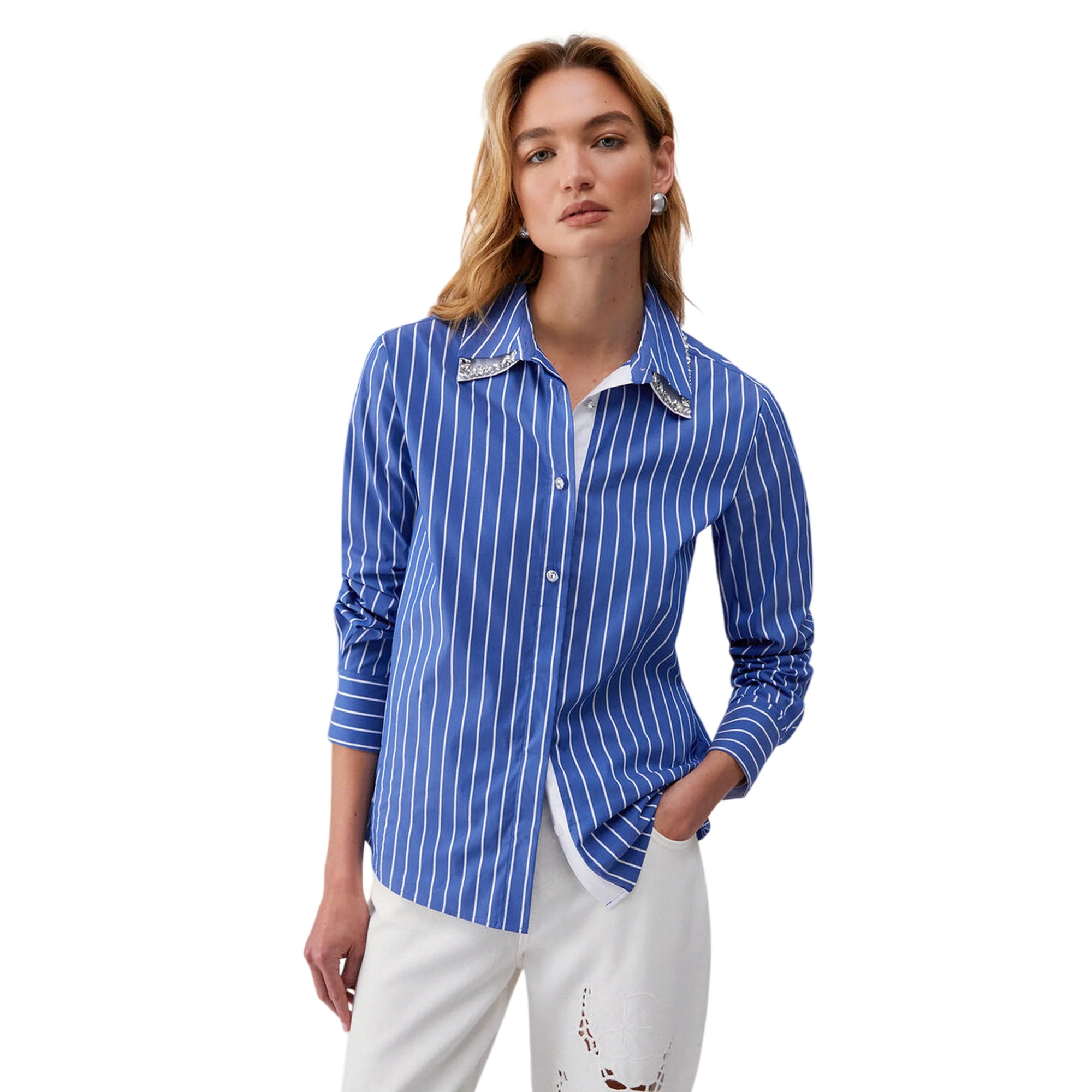 Camicia azzurra a righe bianche con colletto removibile - Image 2