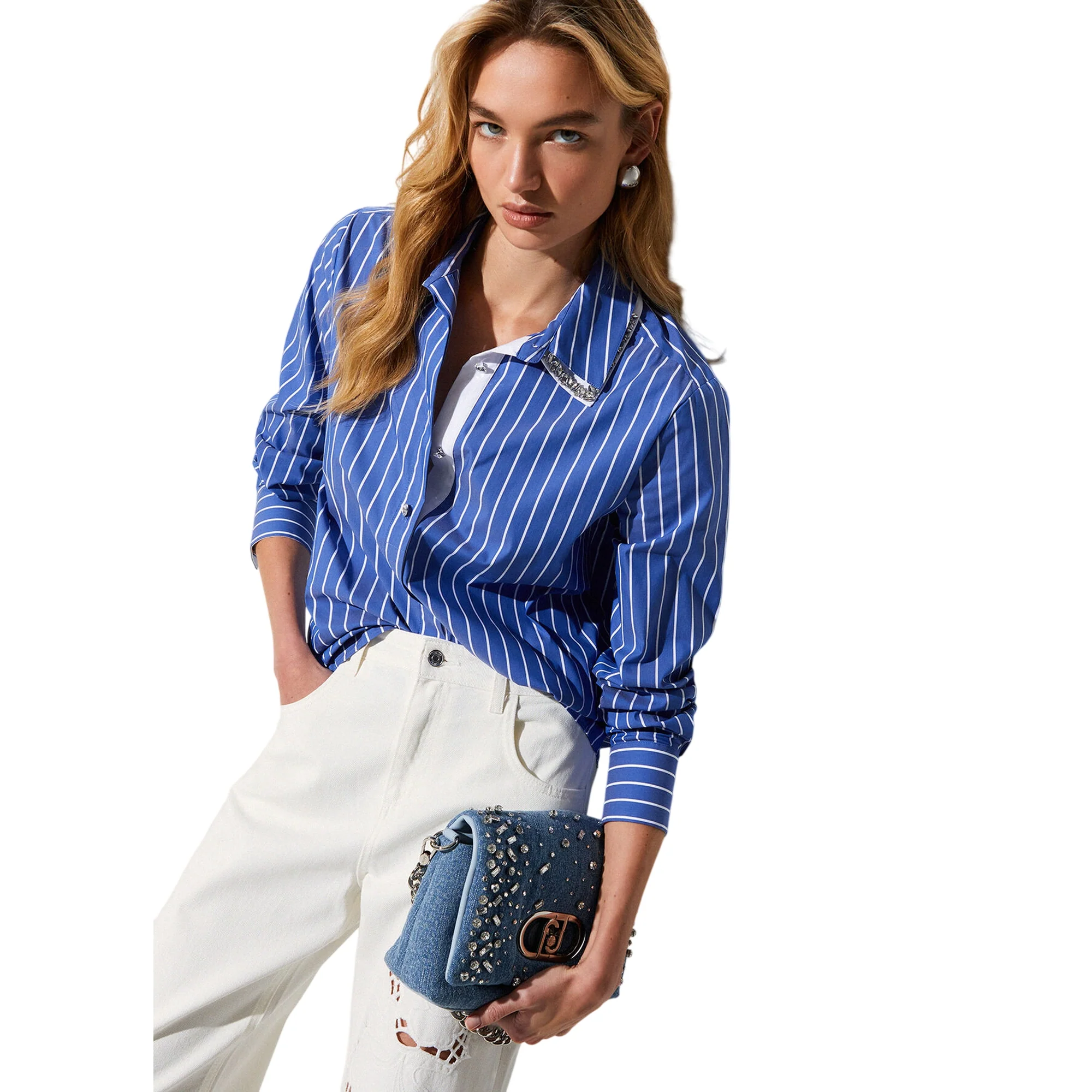 Camicia azzurra a righe bianche con colletto removibile - Image 4