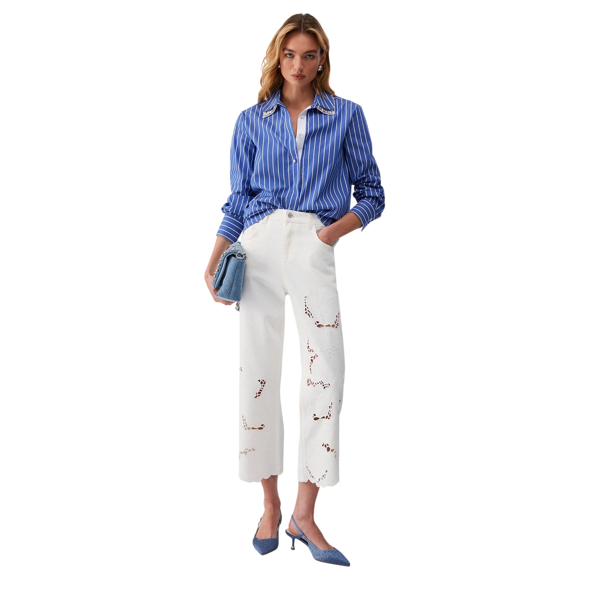Camicia azzurra a righe bianche con colletto removibile - Image 7
