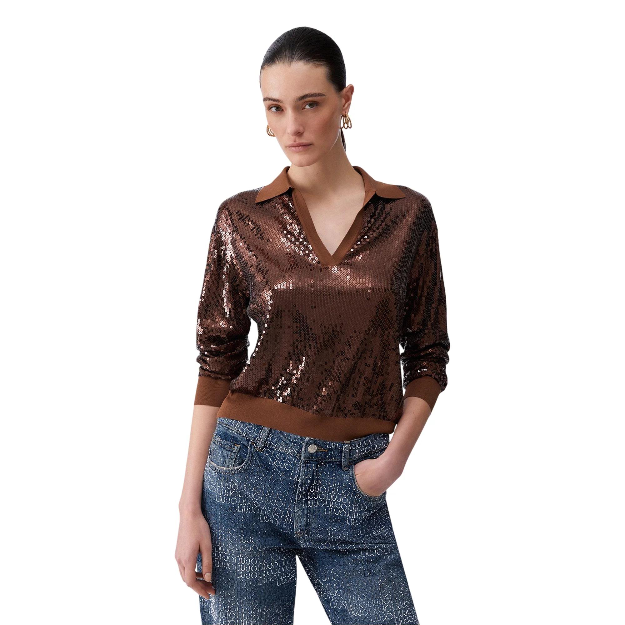 Maglia a maniche lunghe marrone con paillettes