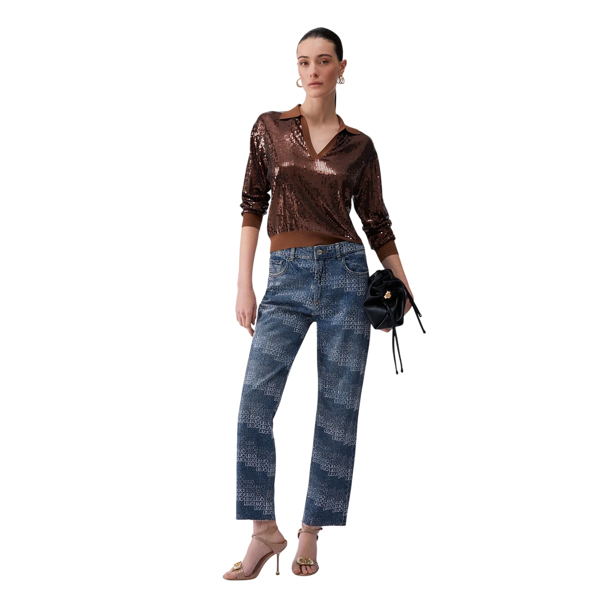 Maglia a maniche lunghe marrone con paillettes - Image 4