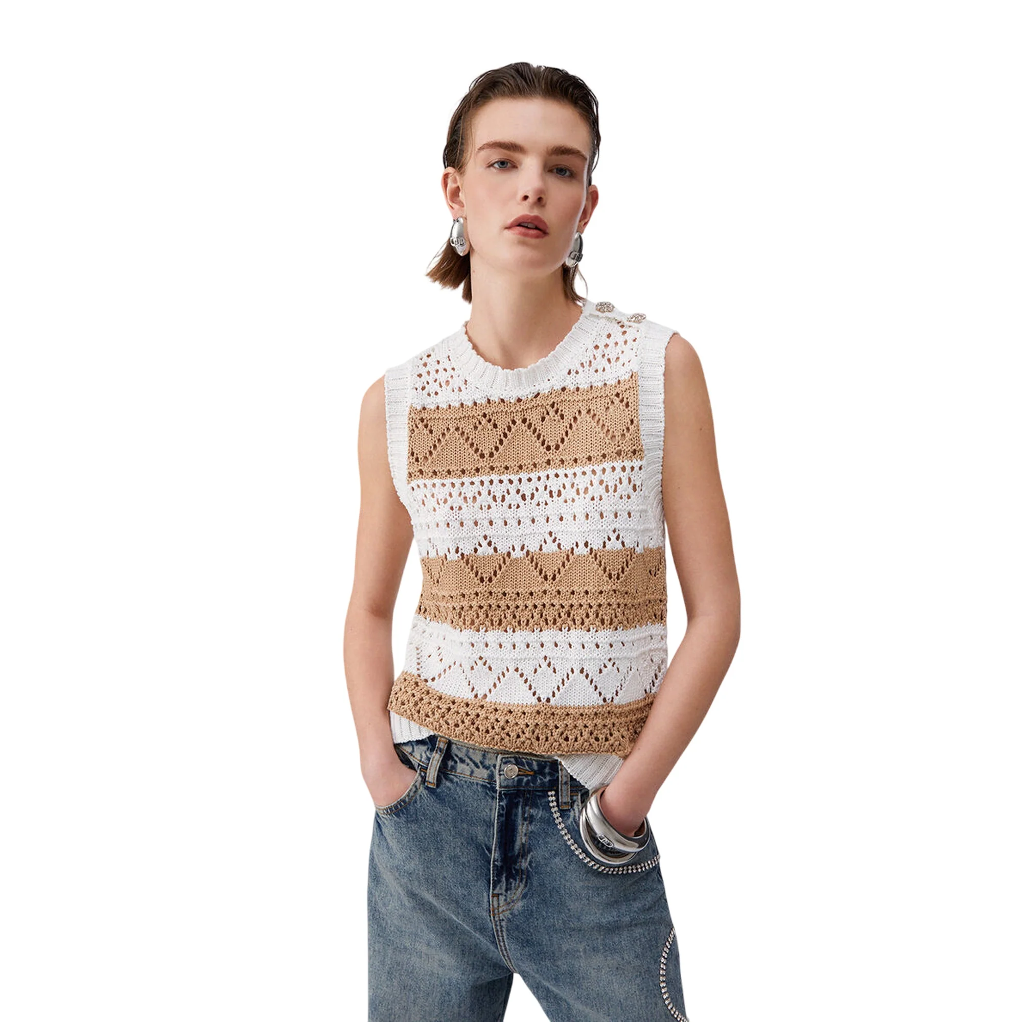 Top in maglia crochet bianco e beige - Image 2