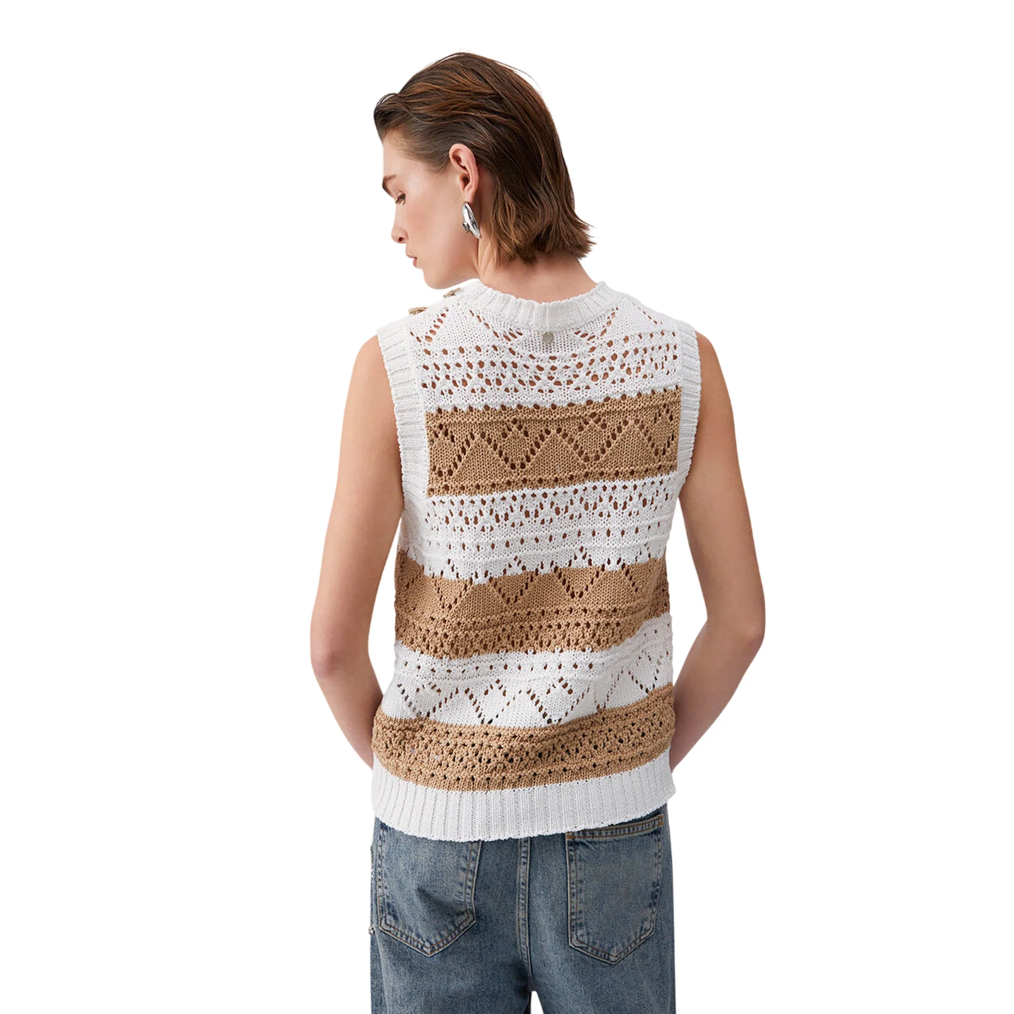 Top in maglia crochet bianco e beige - Image 3