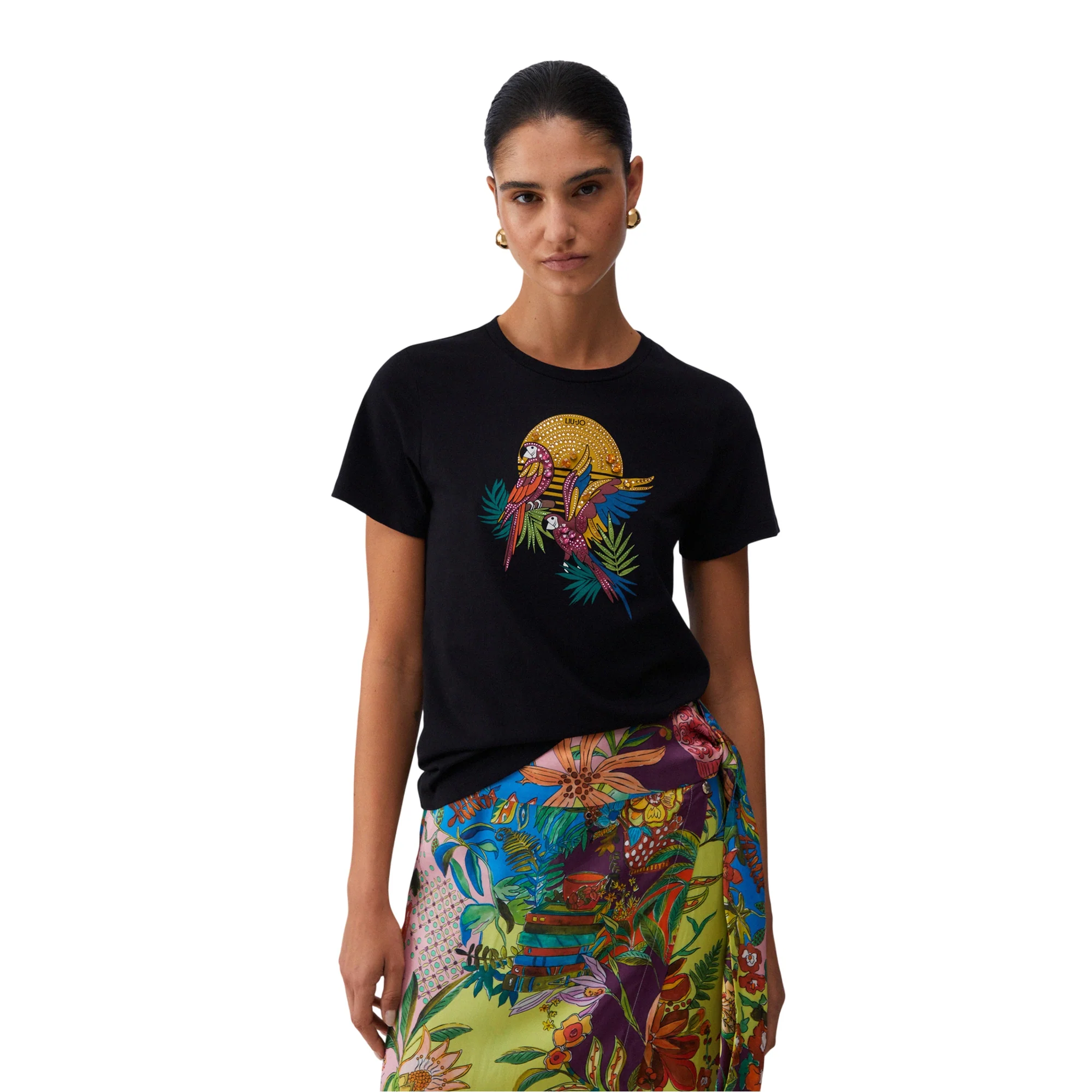 T-shirt Donna in nero con stampa e applicazioni - Image 2