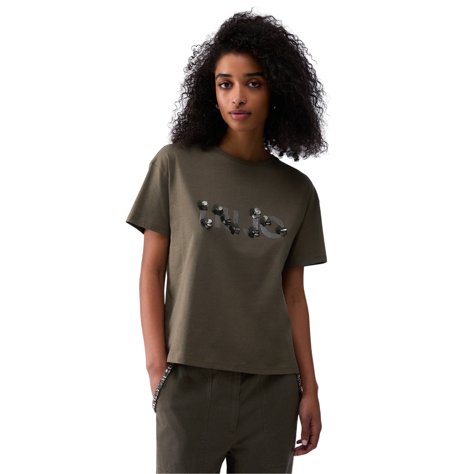 T-shirt con applicazioni gioiello sul logo in verde - Image 2