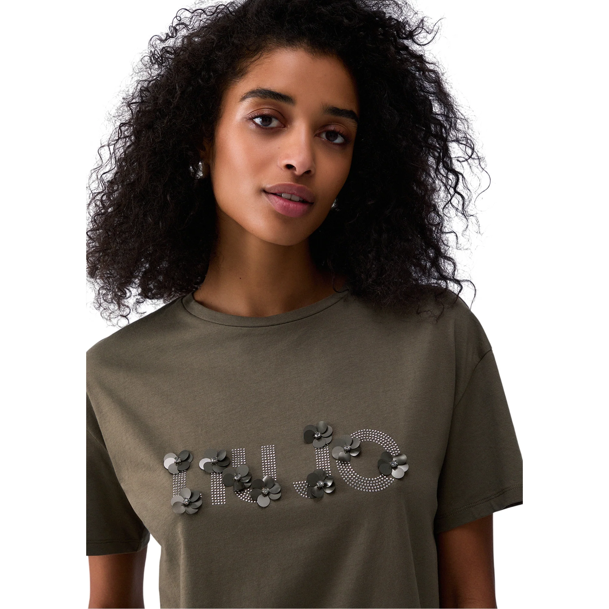 T-shirt con applicazioni gioiello sul logo in verde - Image 4