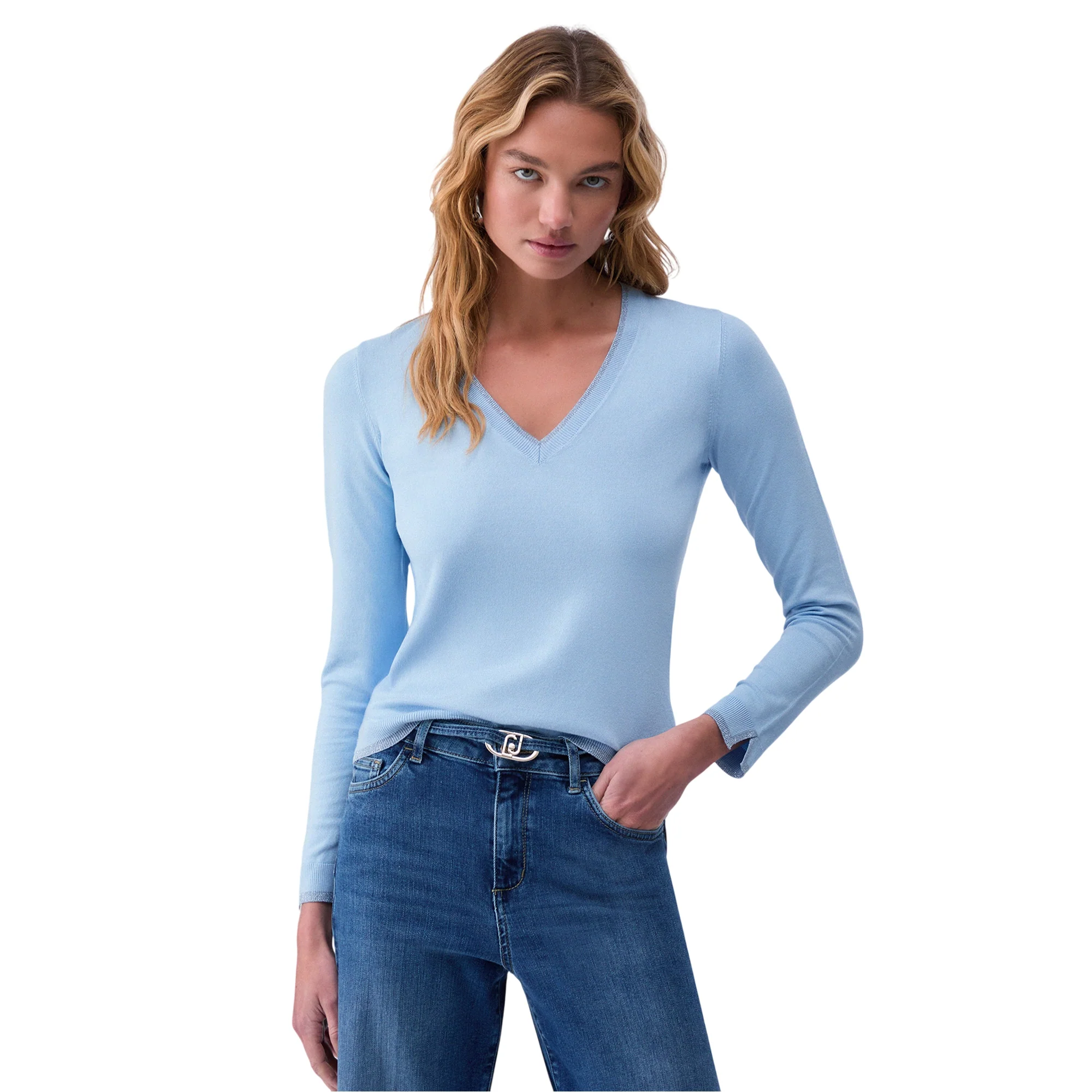 Maglia Donna con scollo a V e spacchetti Celeste - Image 2