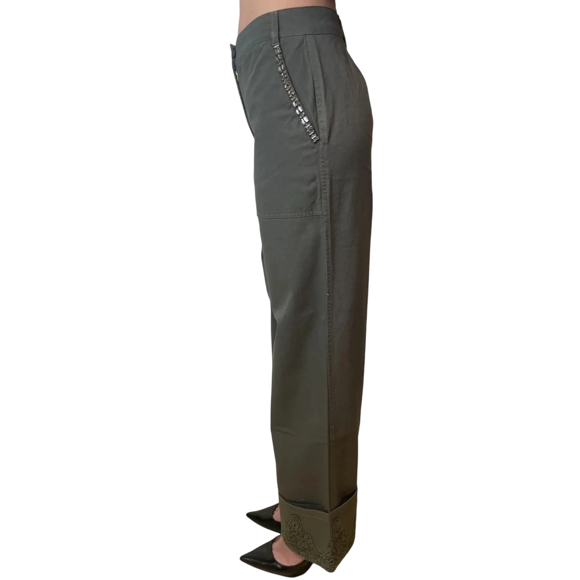 Pantalone wide leg verde oliva con pizzo e strass - Image 2
