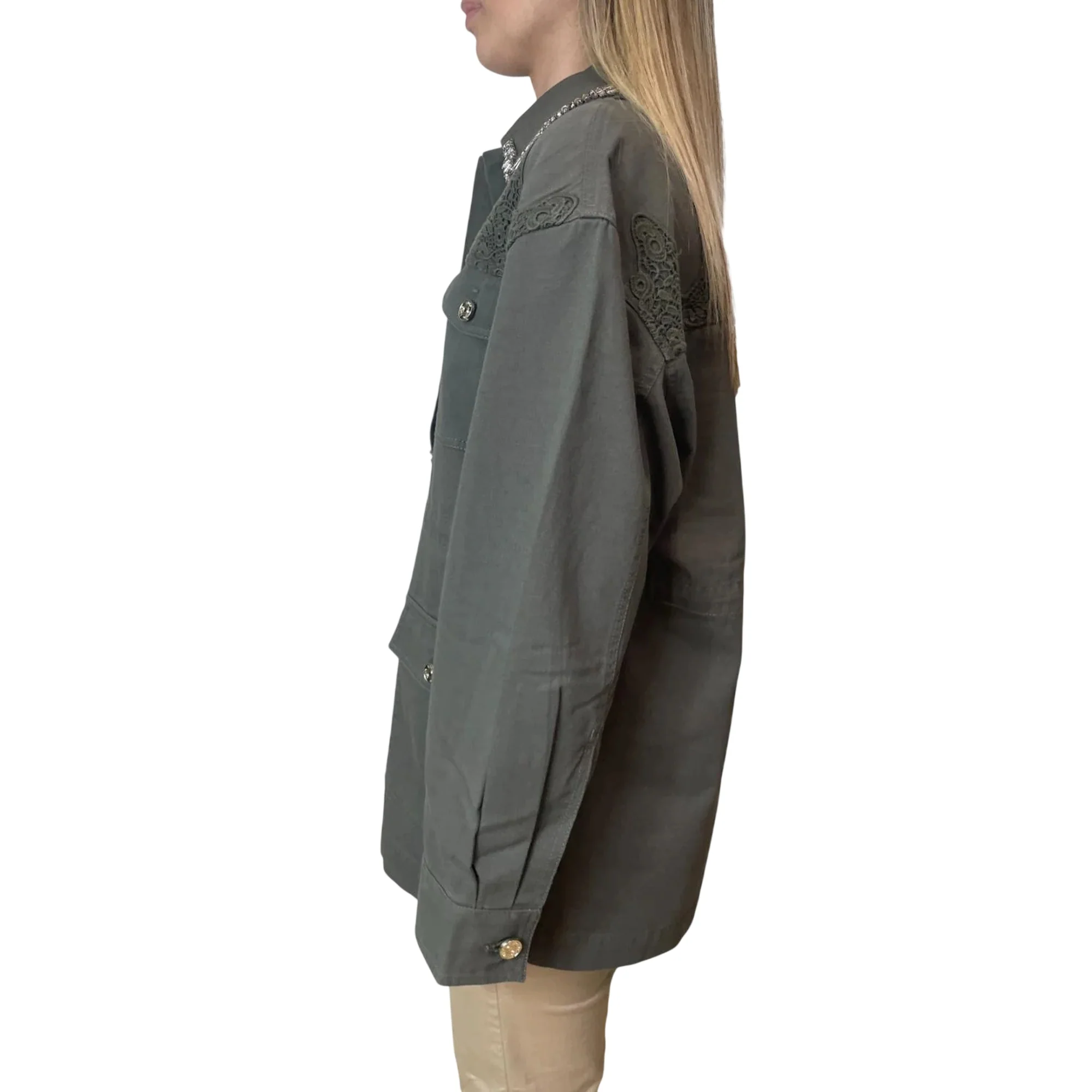 Giacca oversize verde oliva con pizzo - Image 2