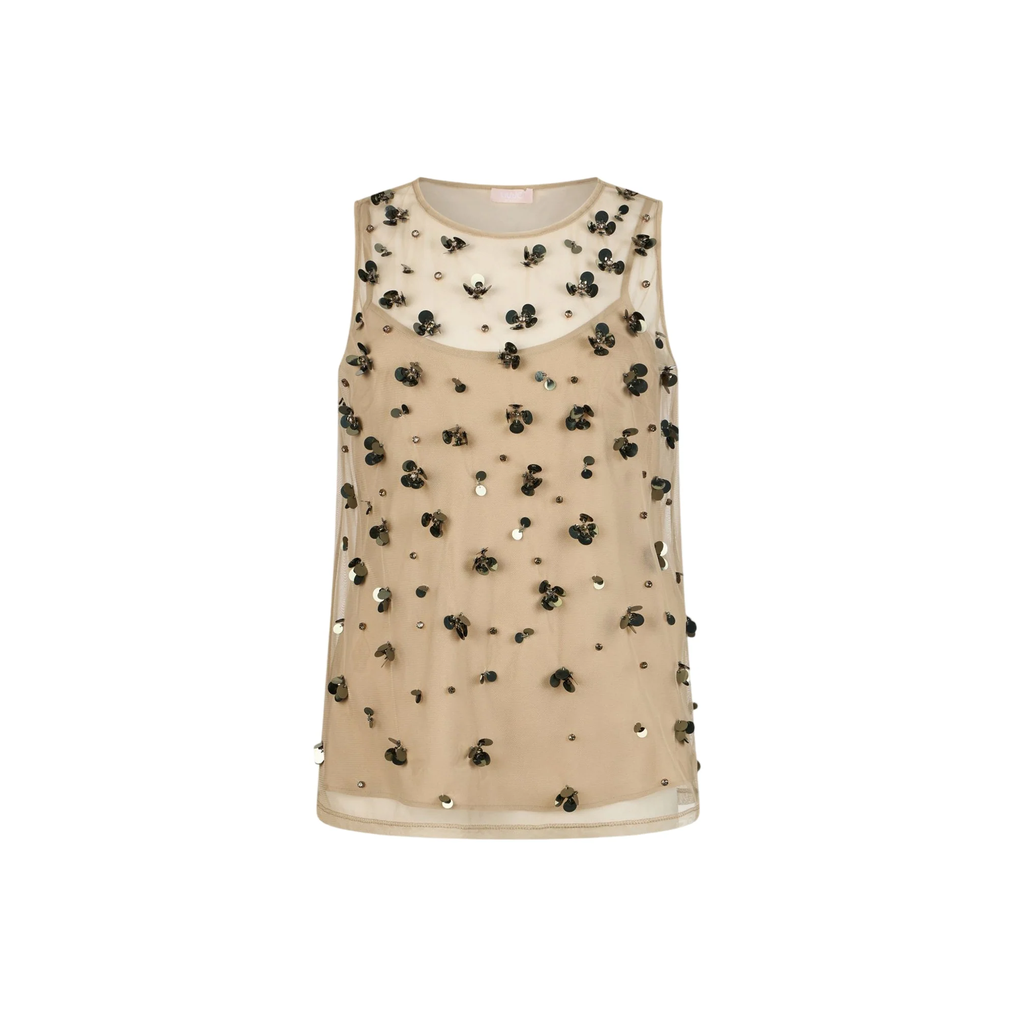 Top in tulle ricamato con applicazioni strass in beige
