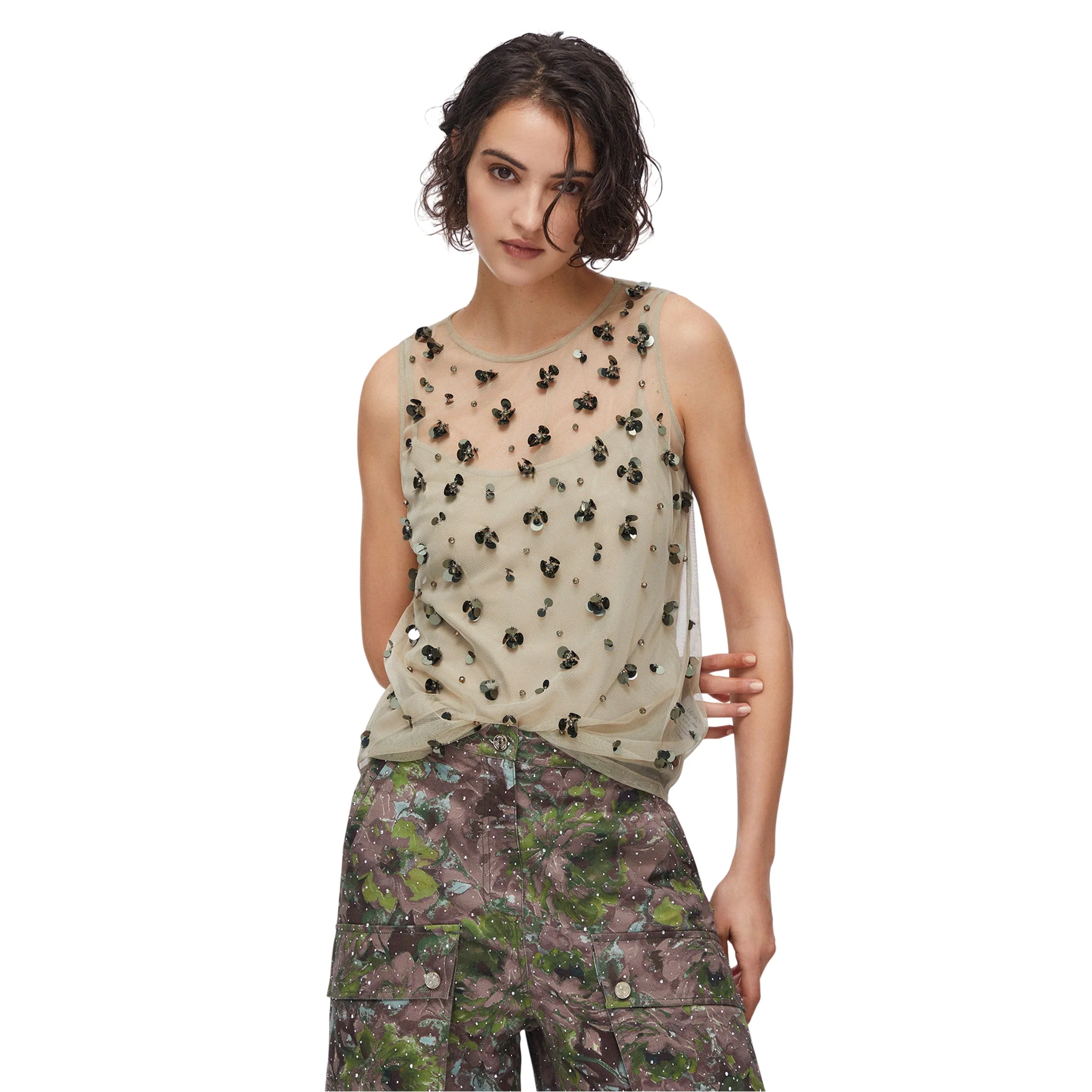 Top in tulle ricamato con applicazioni strass in beige - Image 2