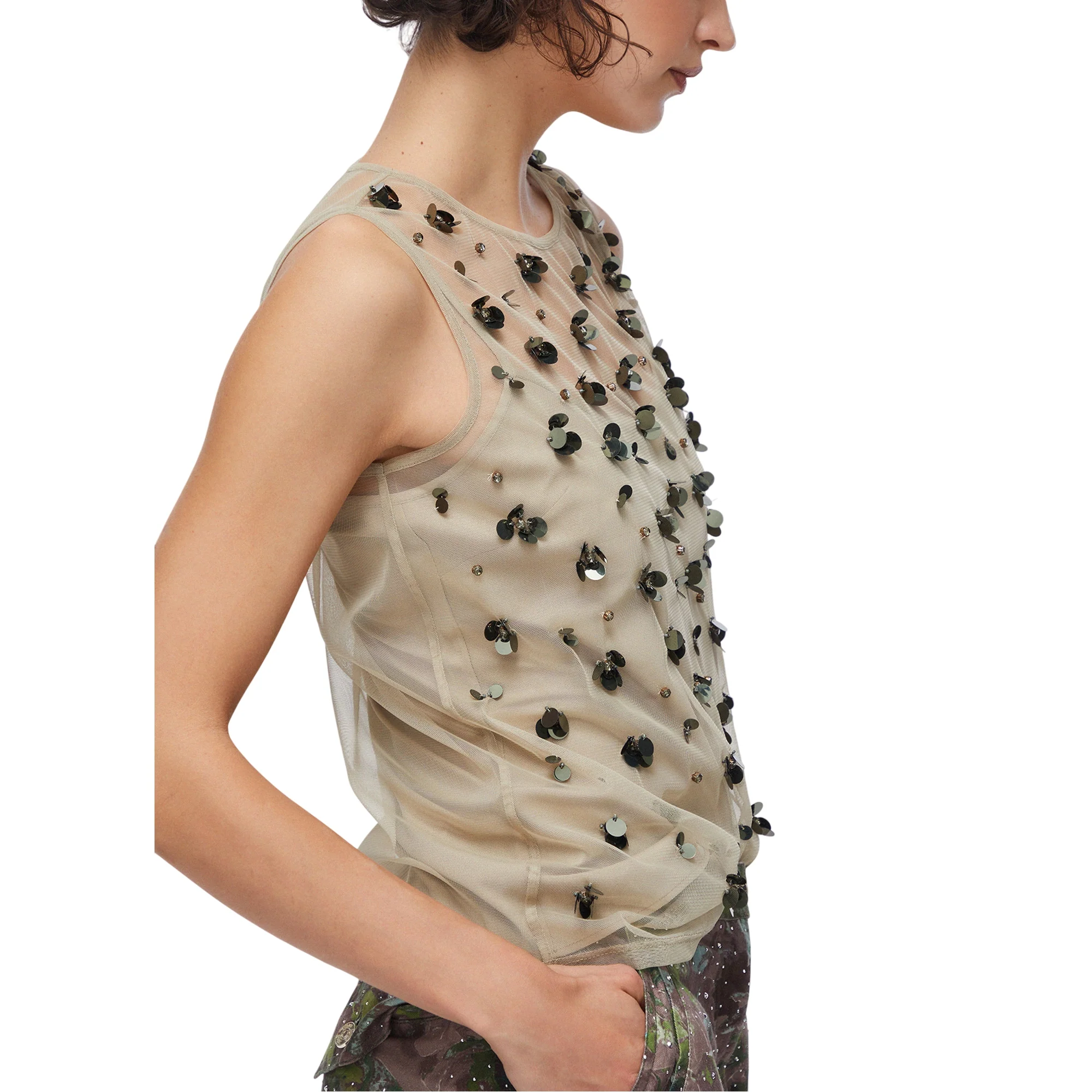Top in tulle ricamato con applicazioni strass in beige - Image 4