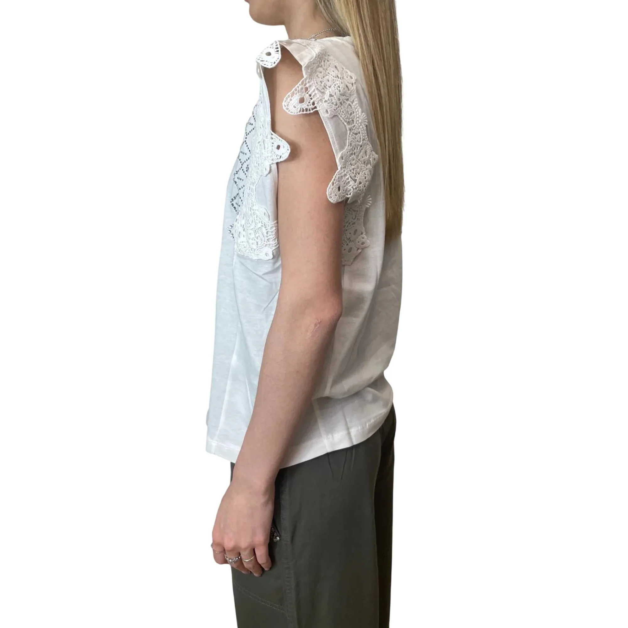 T-shirt bianca con pizzo e strass sulle maniche - Image 2