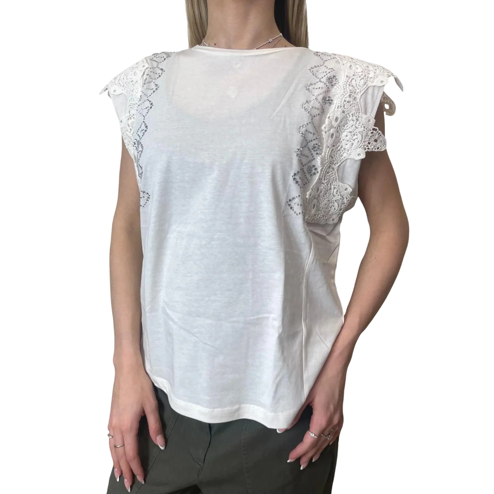 T-shirt bianca con pizzo e strass sulle maniche - Image 6