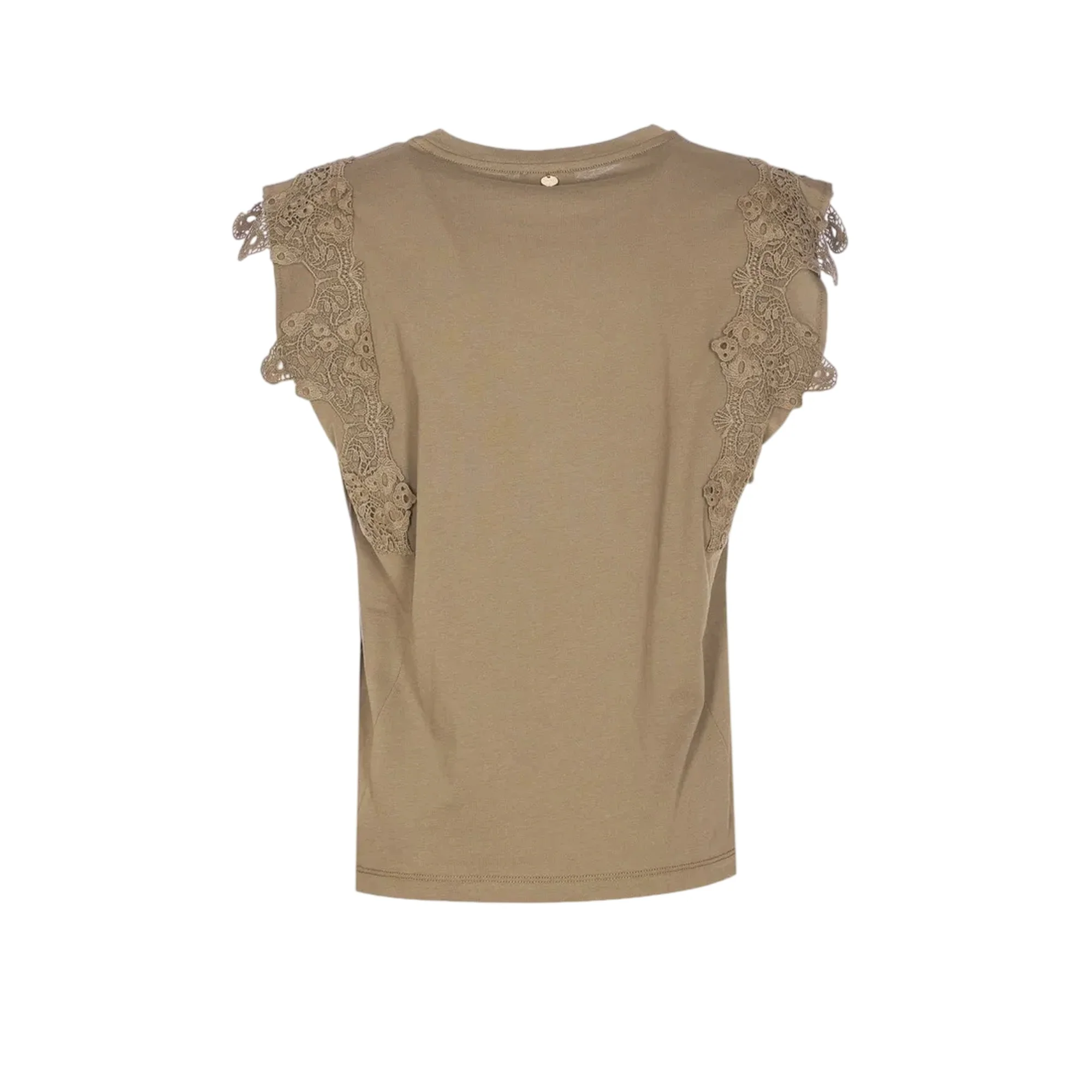 T-shirt verde oliva con pizzo e strass sulle maniche - Image 2