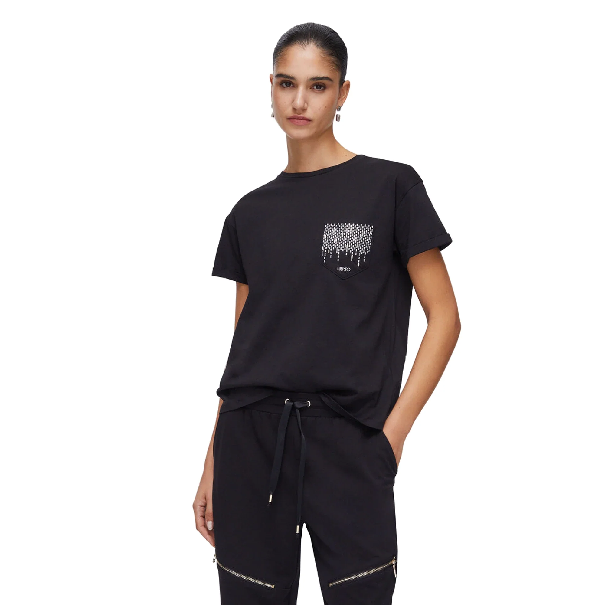 T-shirt Donna nera con tasca gioiello - Image 2