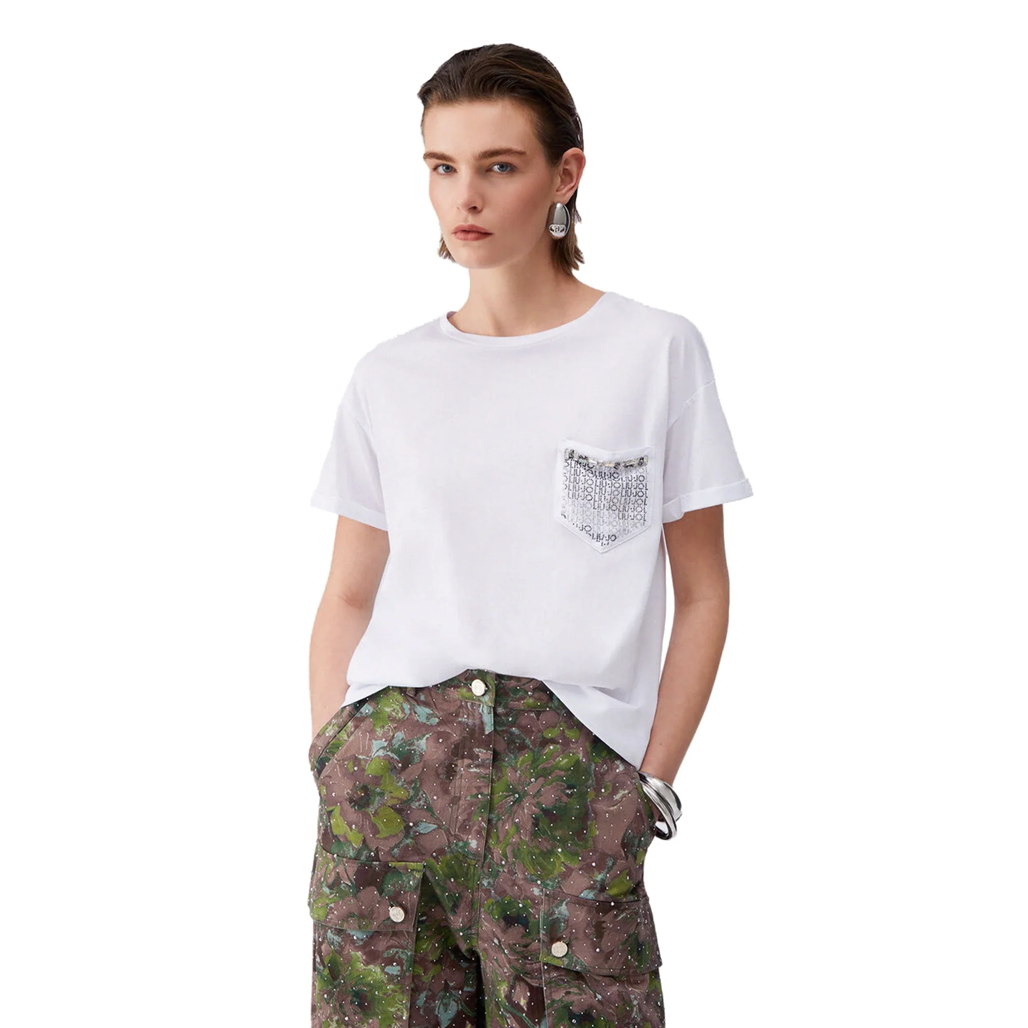 T-shirt Donna bianca con tasca gioiello - Image 2