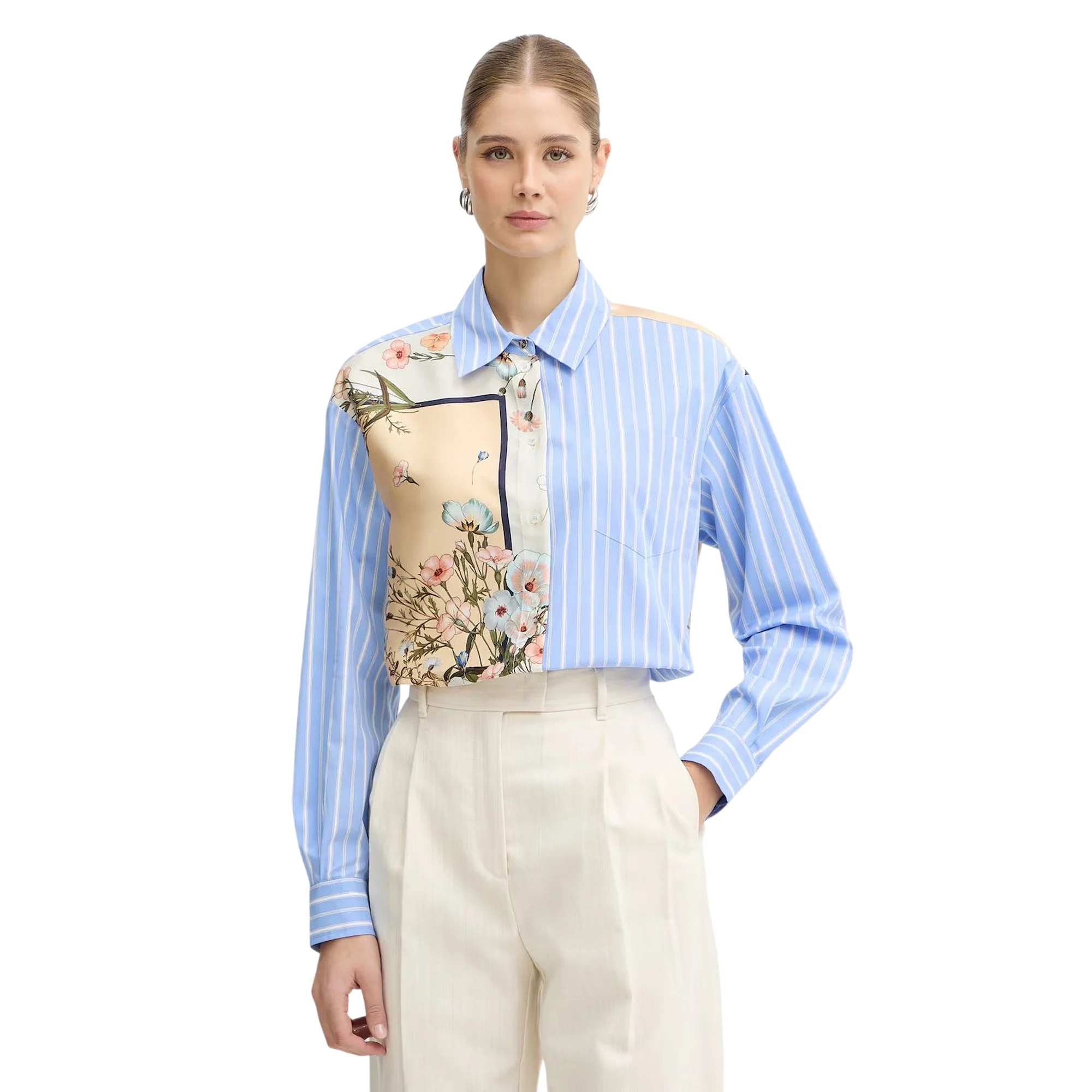 Camicia da donna celeste a righe con stampa