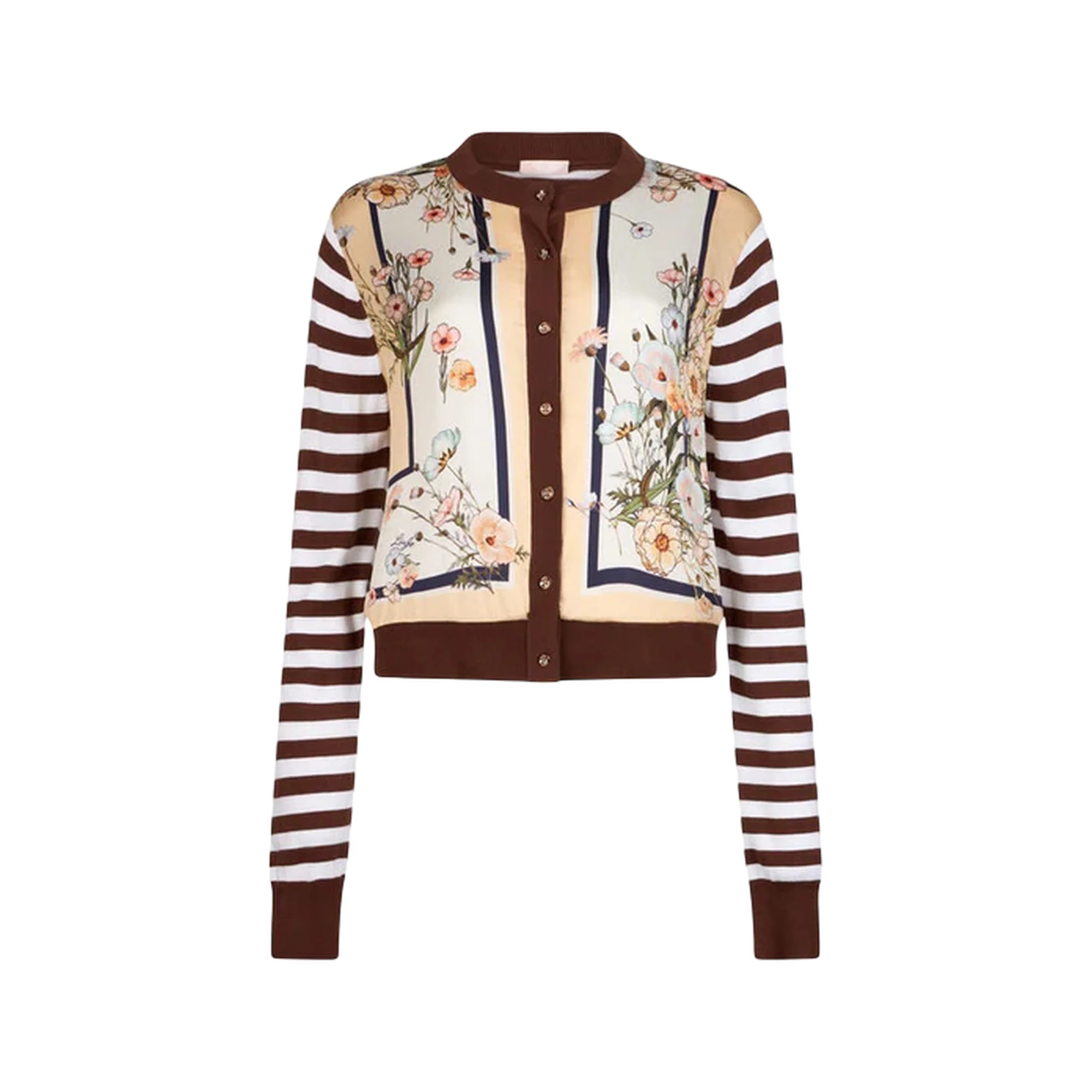Cardigan a righe marrone con stampa floreale