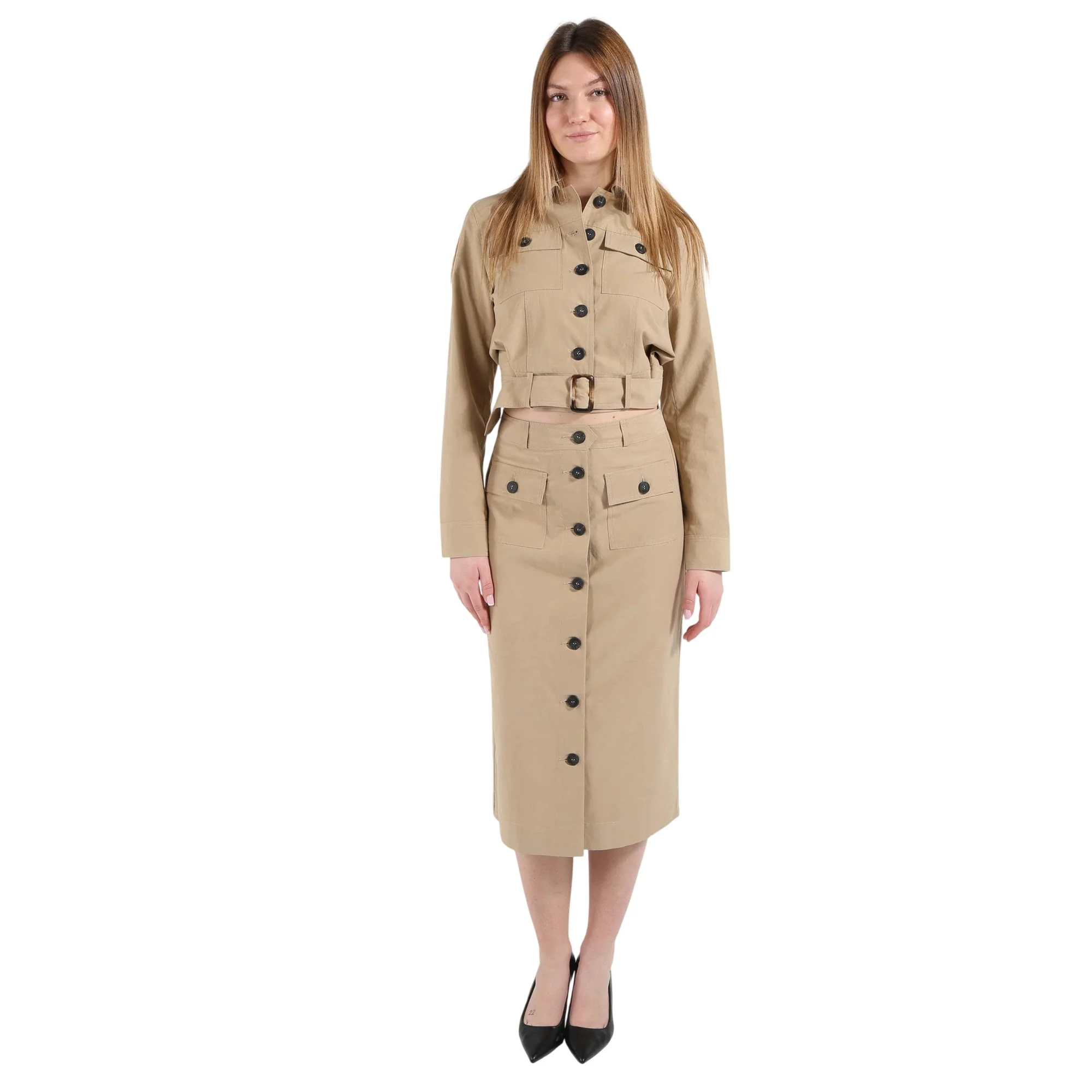 Gonna midi beige con bottoni e tasche