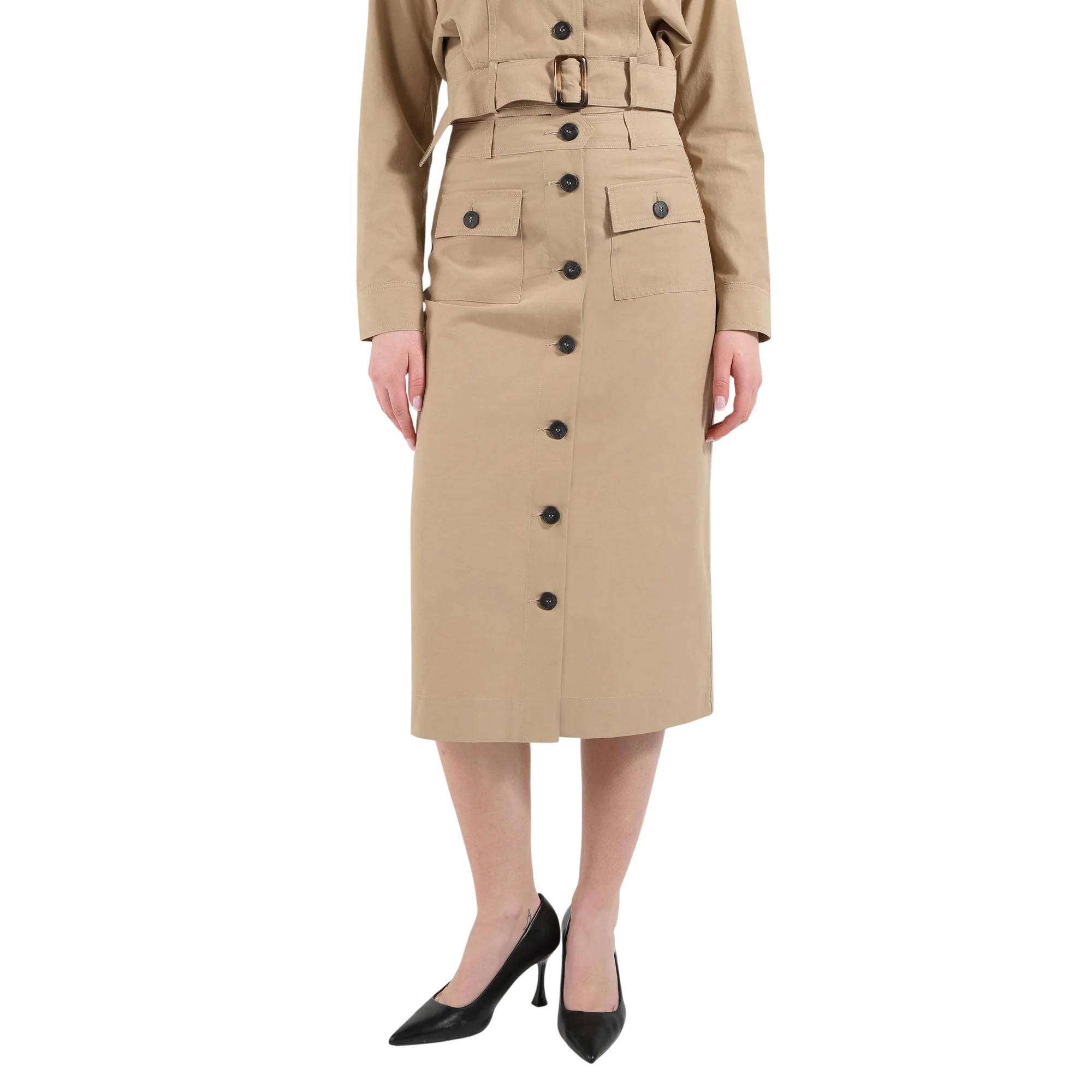 Gonna midi beige con bottoni e tasche - Image 2