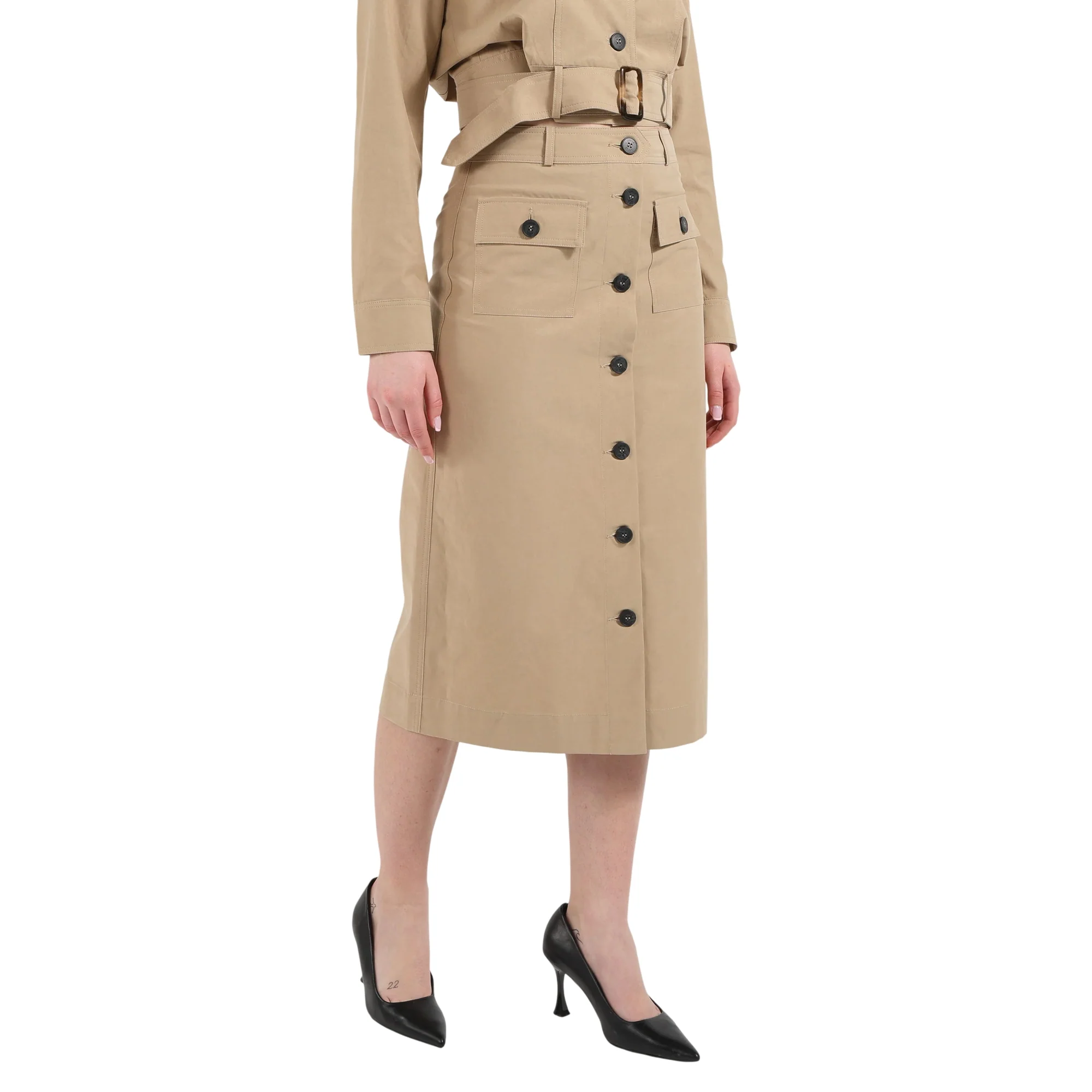 Gonna midi beige con bottoni e tasche - Image 3