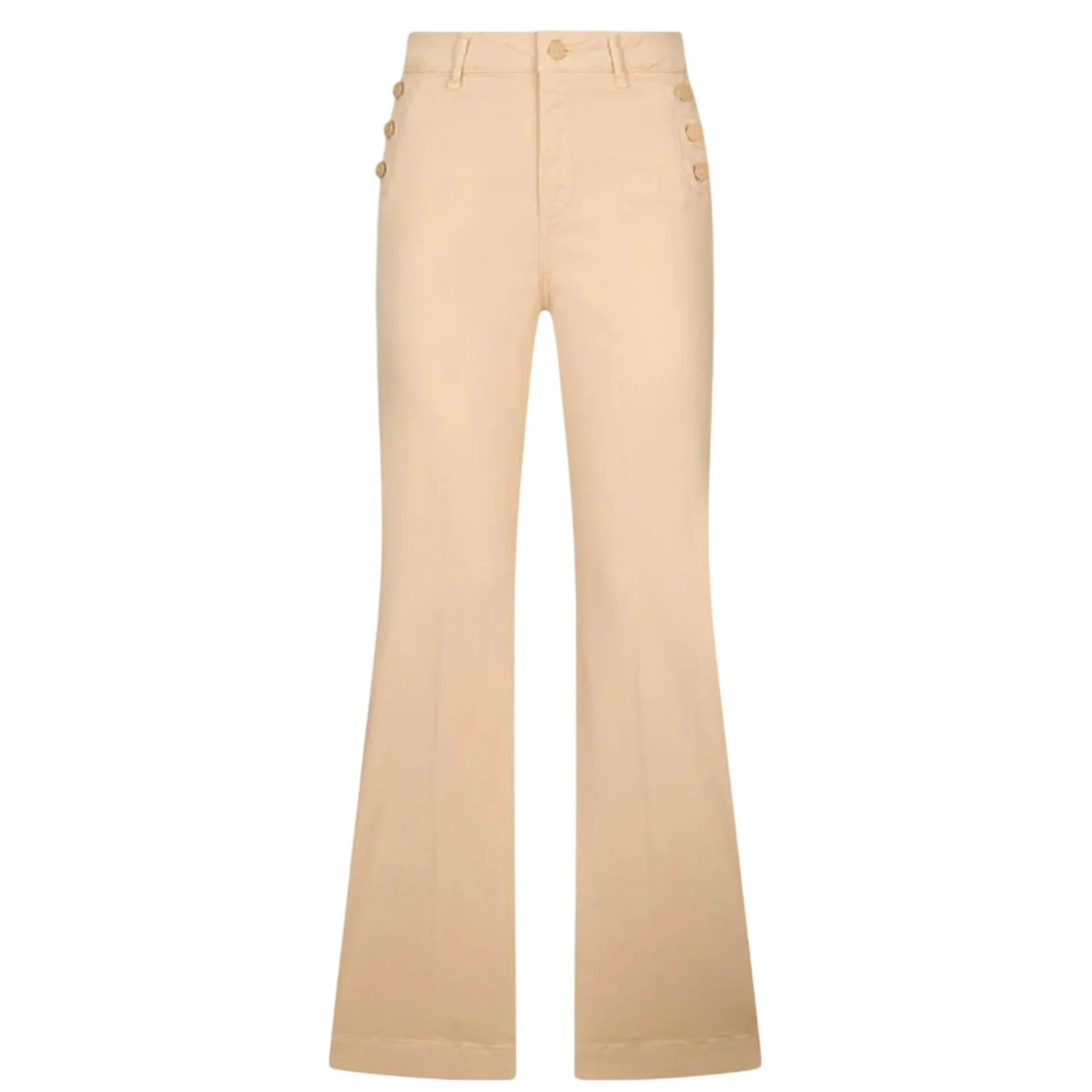 Jeans flare beige con bottoni laterali