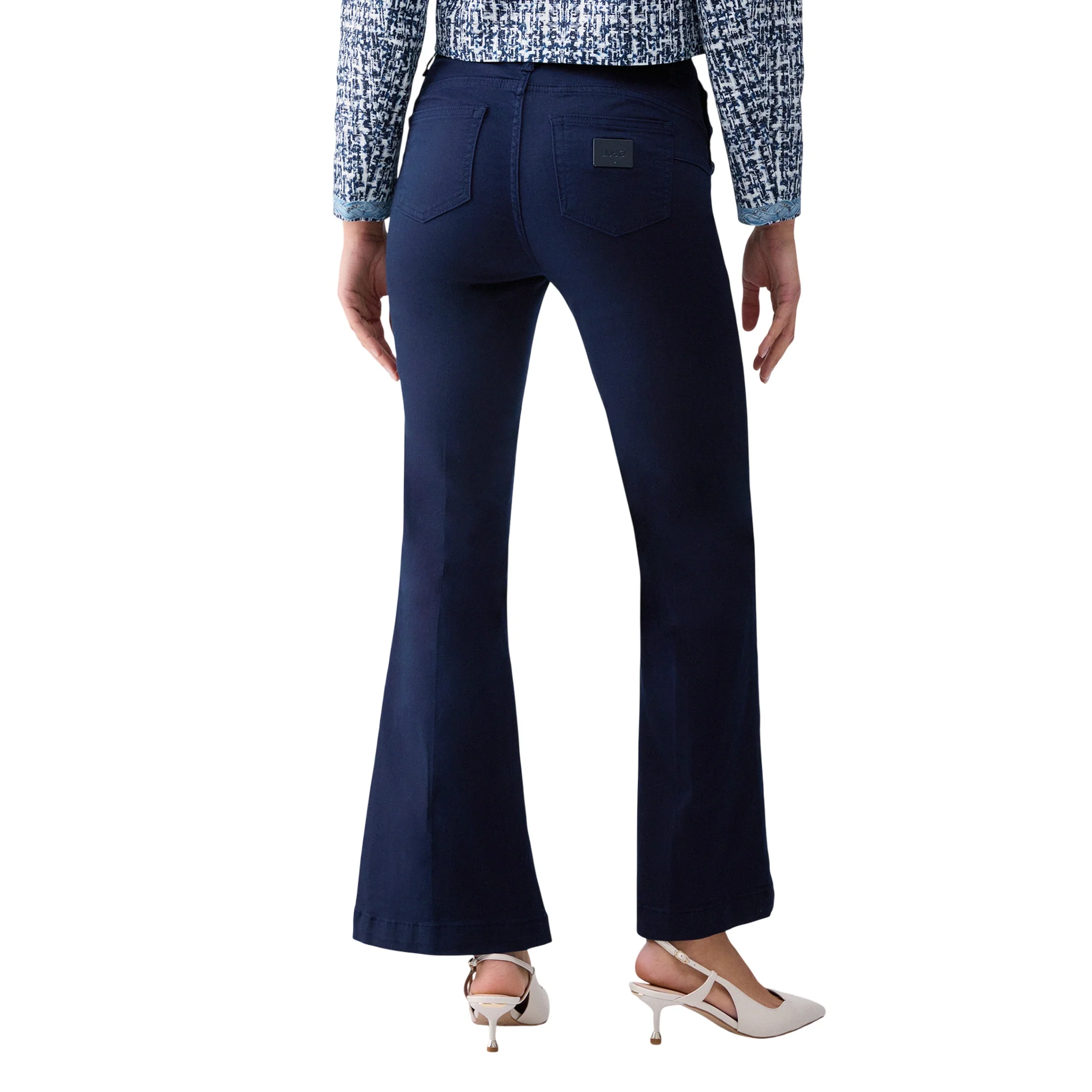 Pantaloni flare di cotone con bottoni logati in blu scuro - Image 2