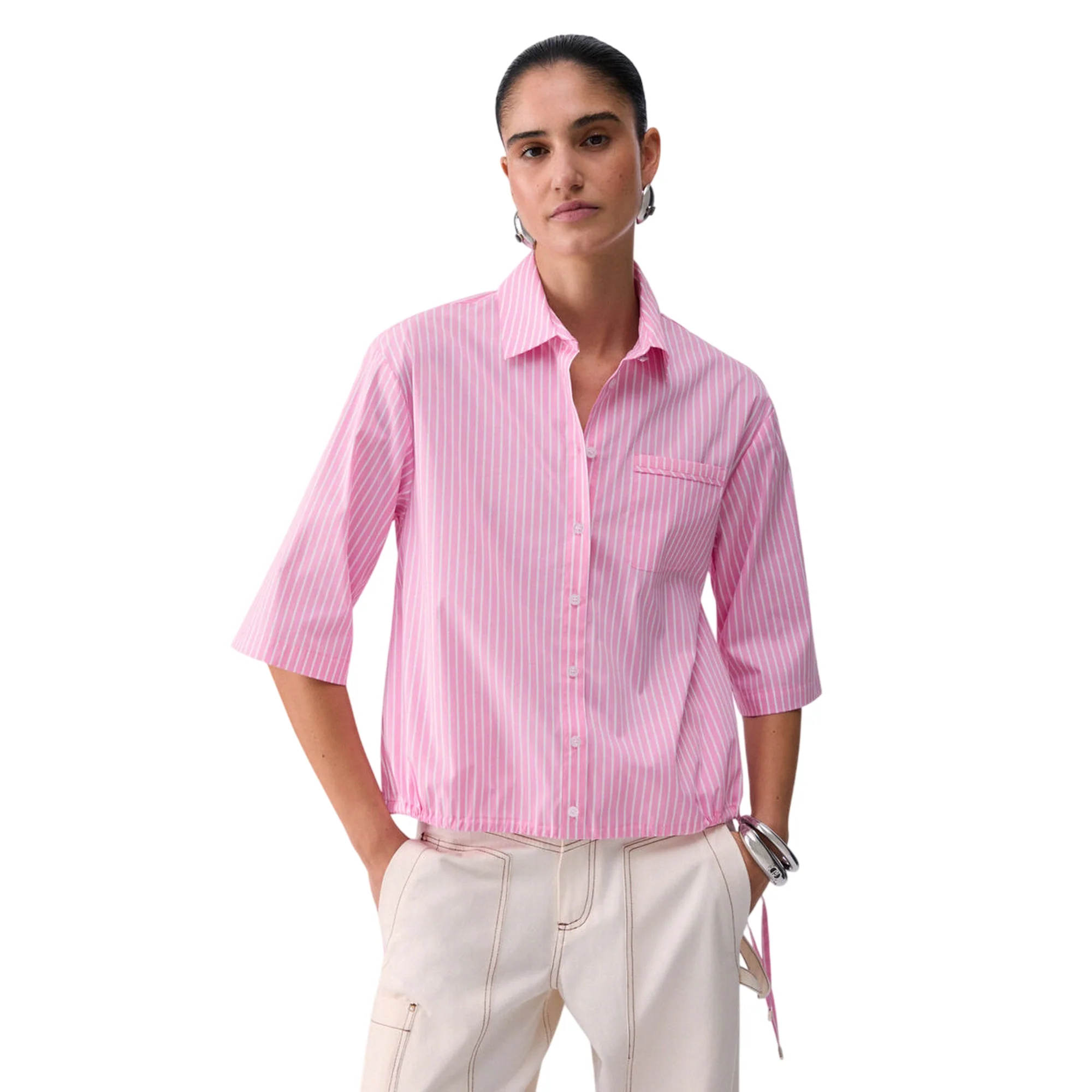 Camicia rosa con righe bianche a mezze maniche - Image 2
