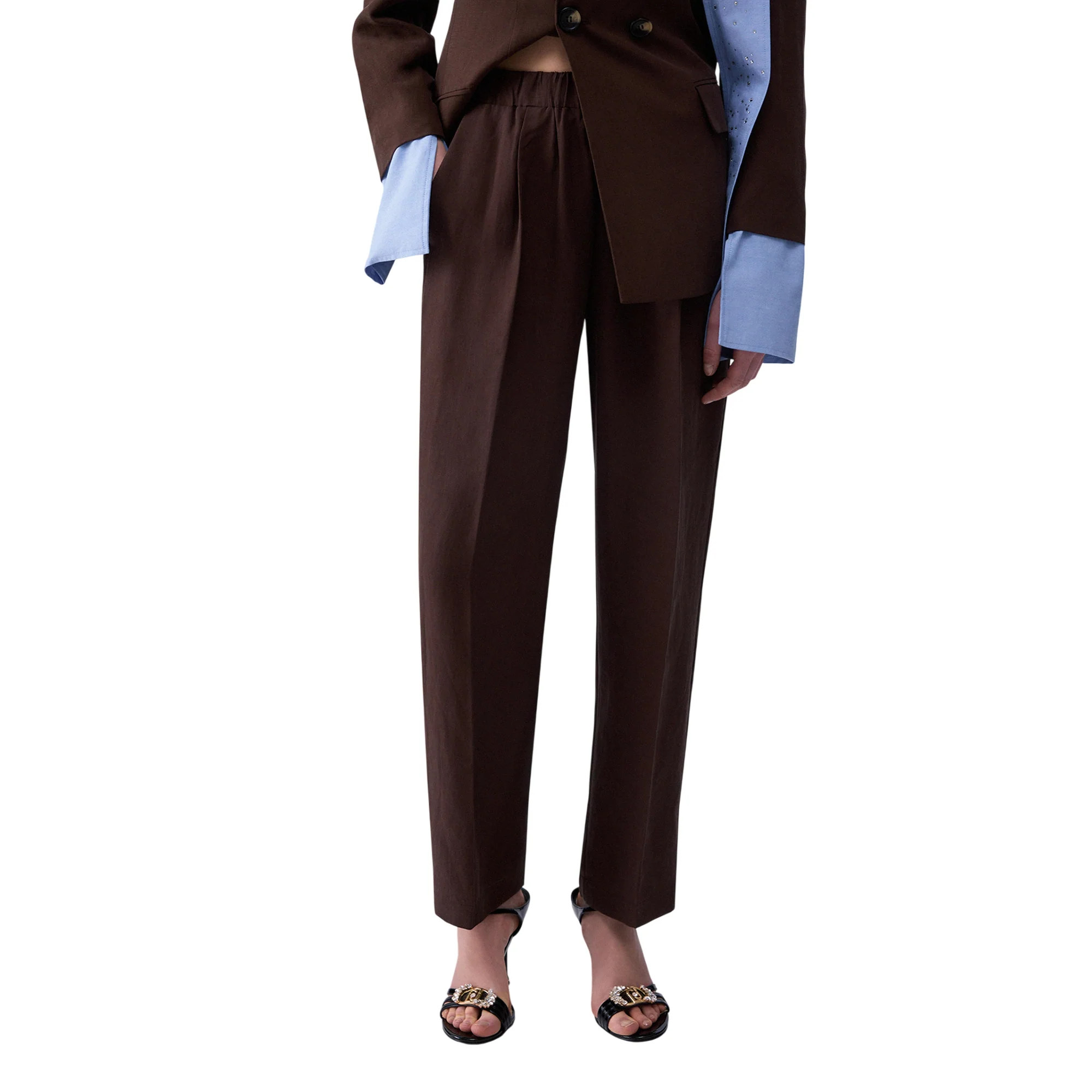 Pantalone con cinta elastica in misto lino in marrone - Image 2