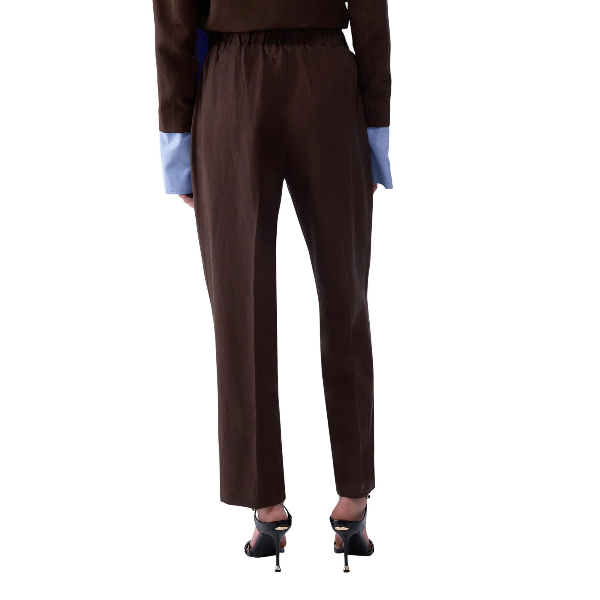 Pantalone con cinta elastica in misto lino in marrone - Image 3