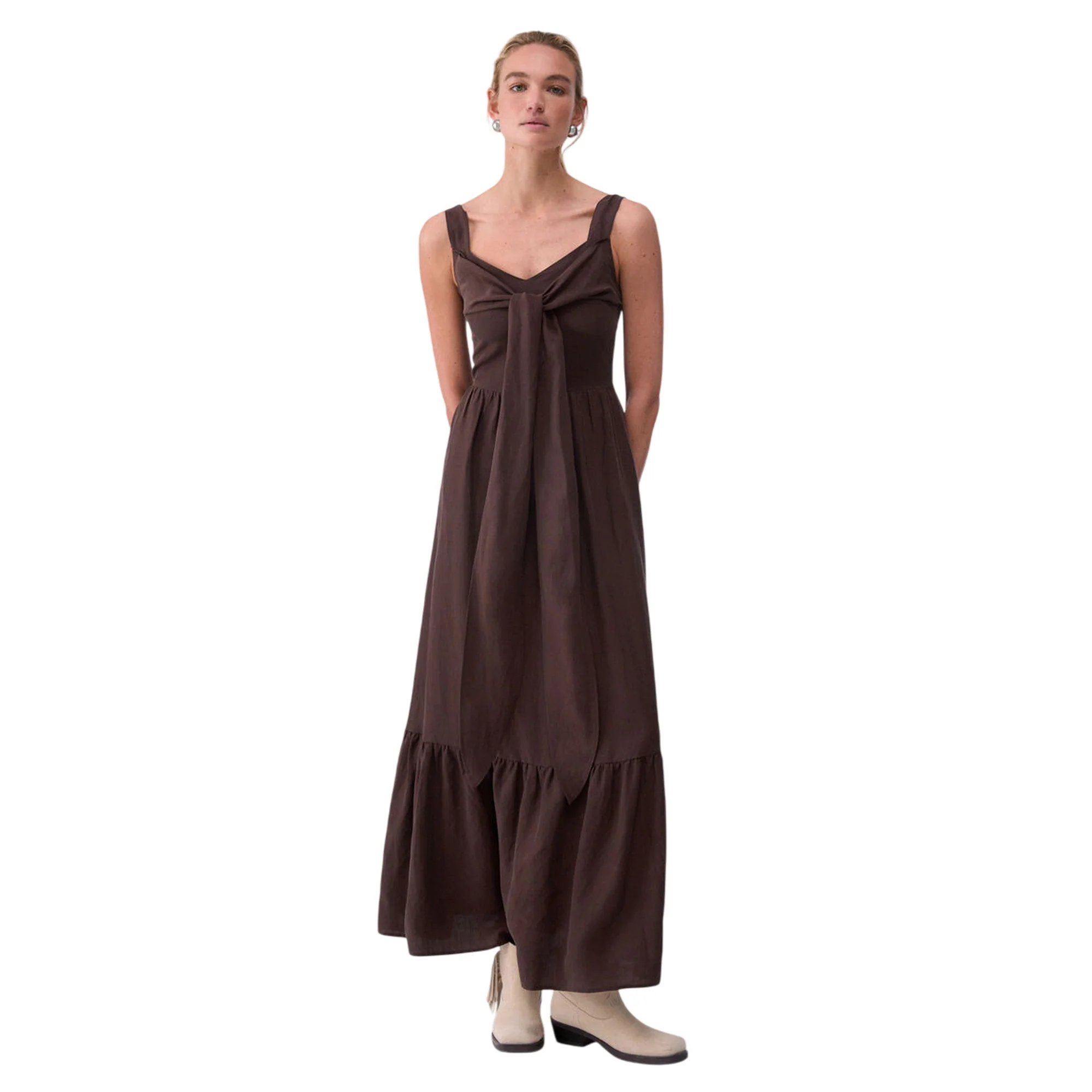 Abito lungo Donna Marrone Misto Lino - Image 2