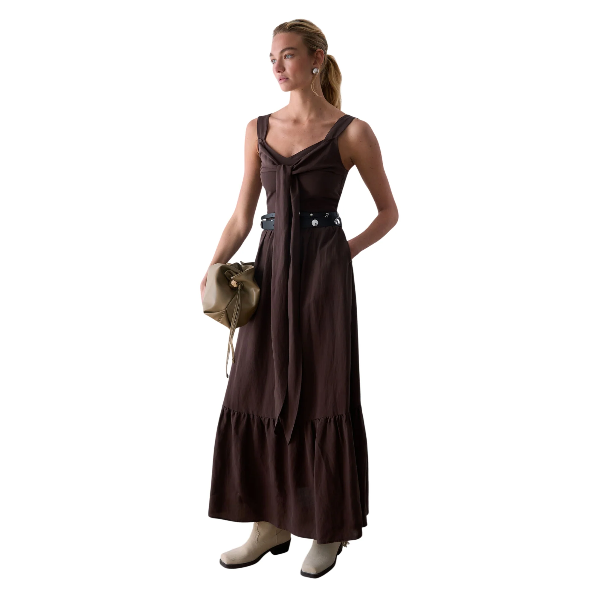 Abito lungo Donna Marrone Misto Lino - Image 4