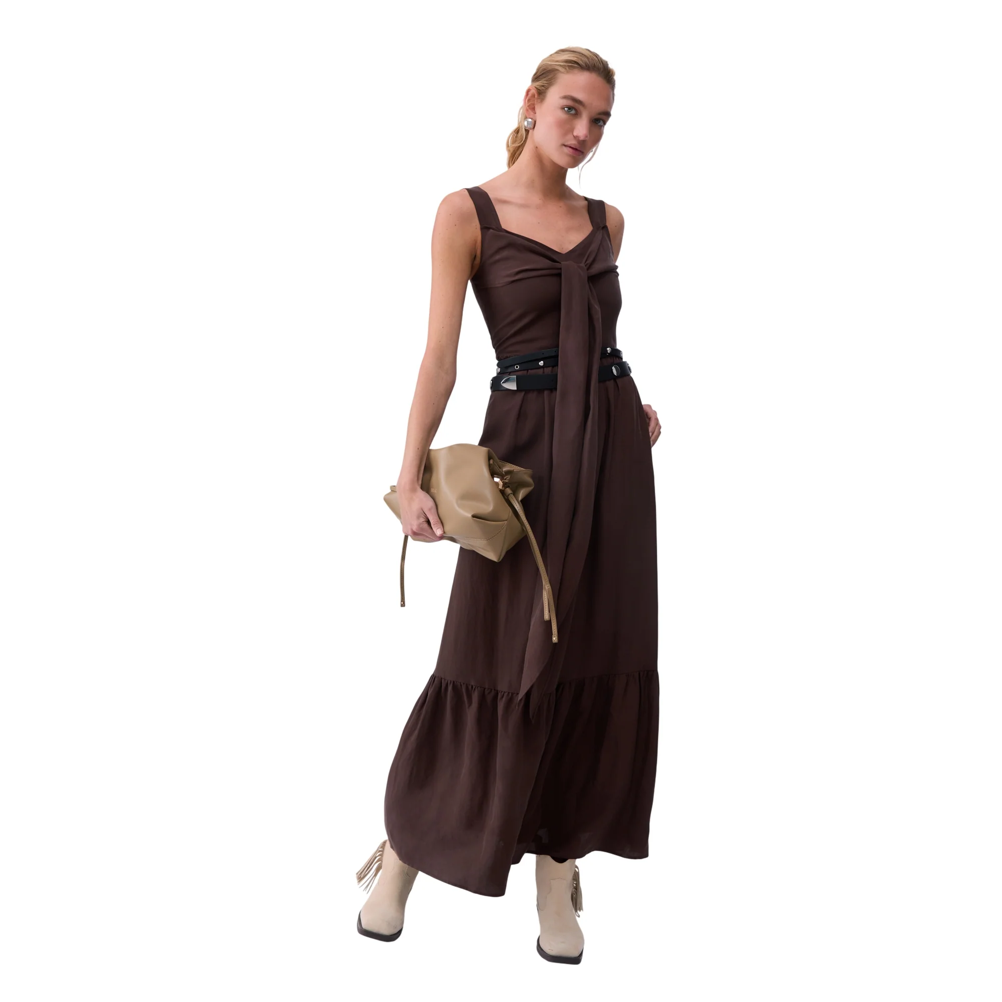 Abito lungo Donna Marrone Misto Lino - Image 7