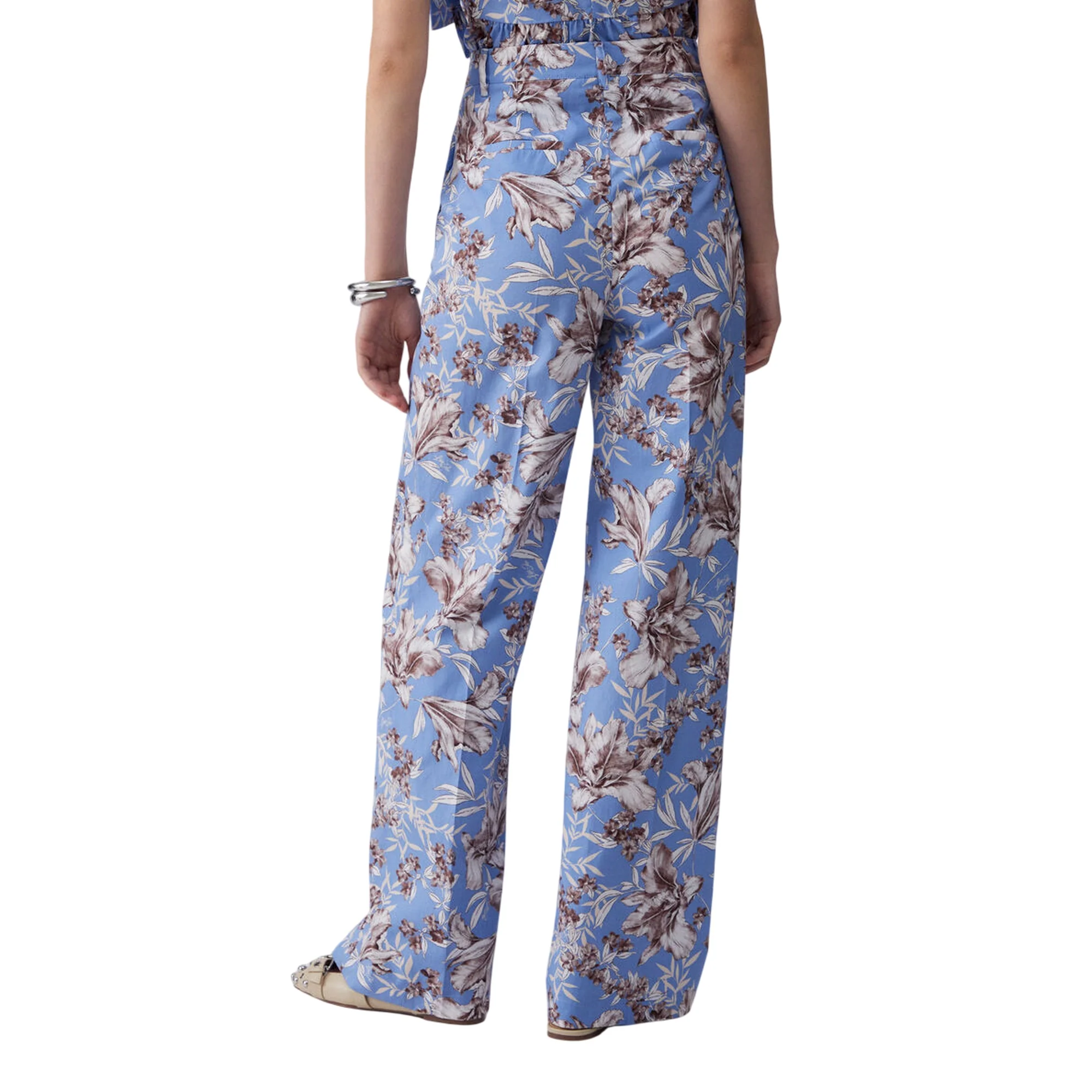 Pantaloni a palazzo azzurri con stampa a fiori in popeline - Image 3