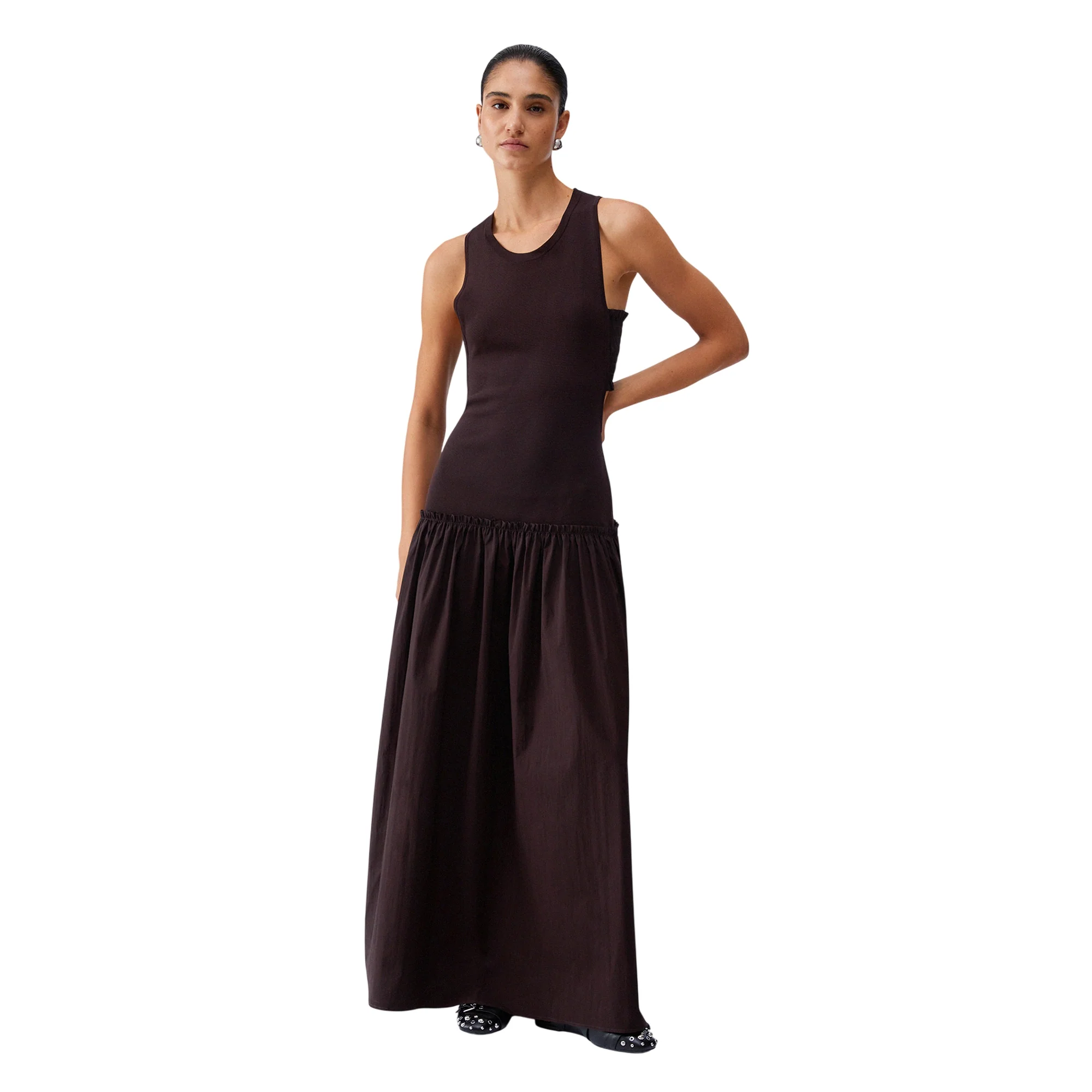 Abito lungo con cut-out girocollo in marrone - Image 2