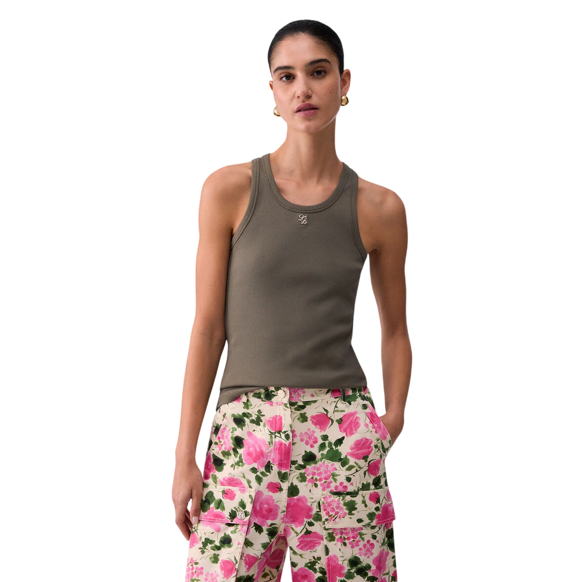 Top a costine verde oliva con mini logo