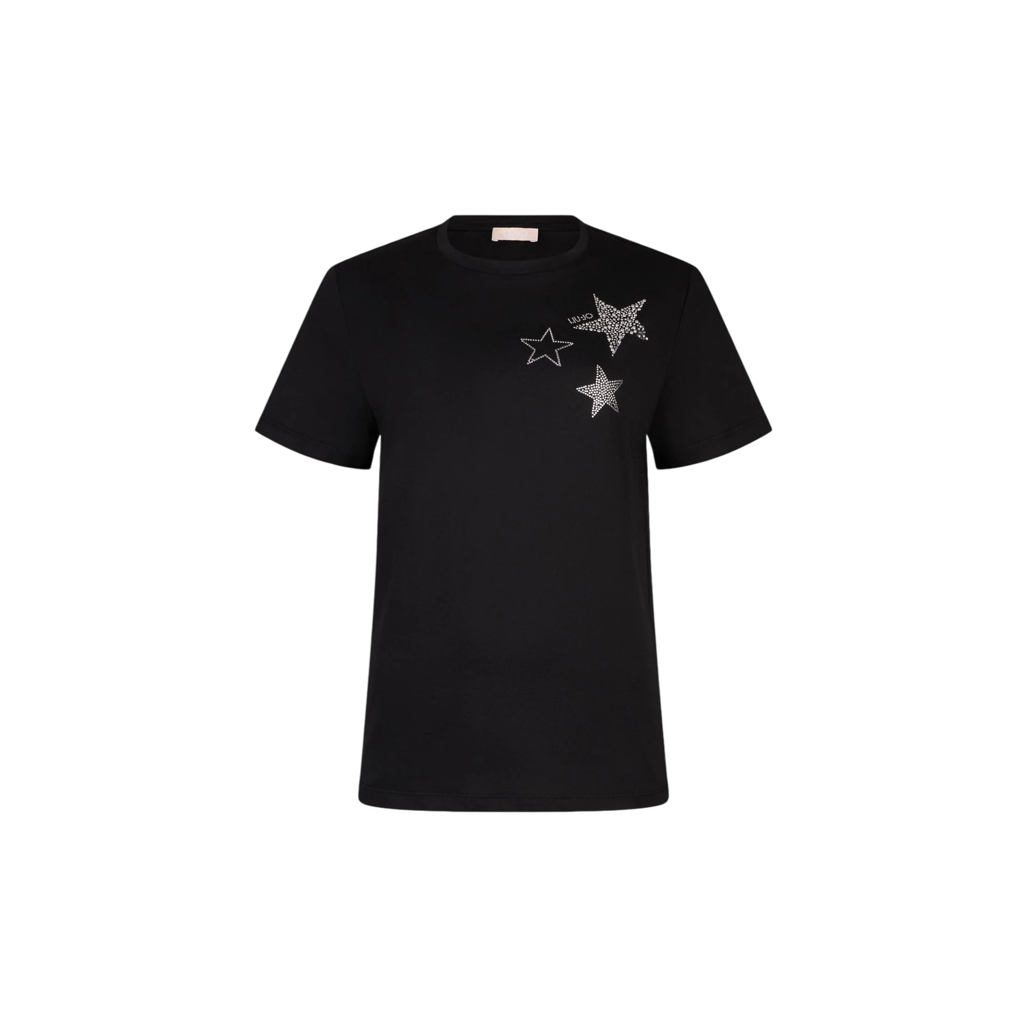 T-shirt in cotone con applicazioni strass in nero