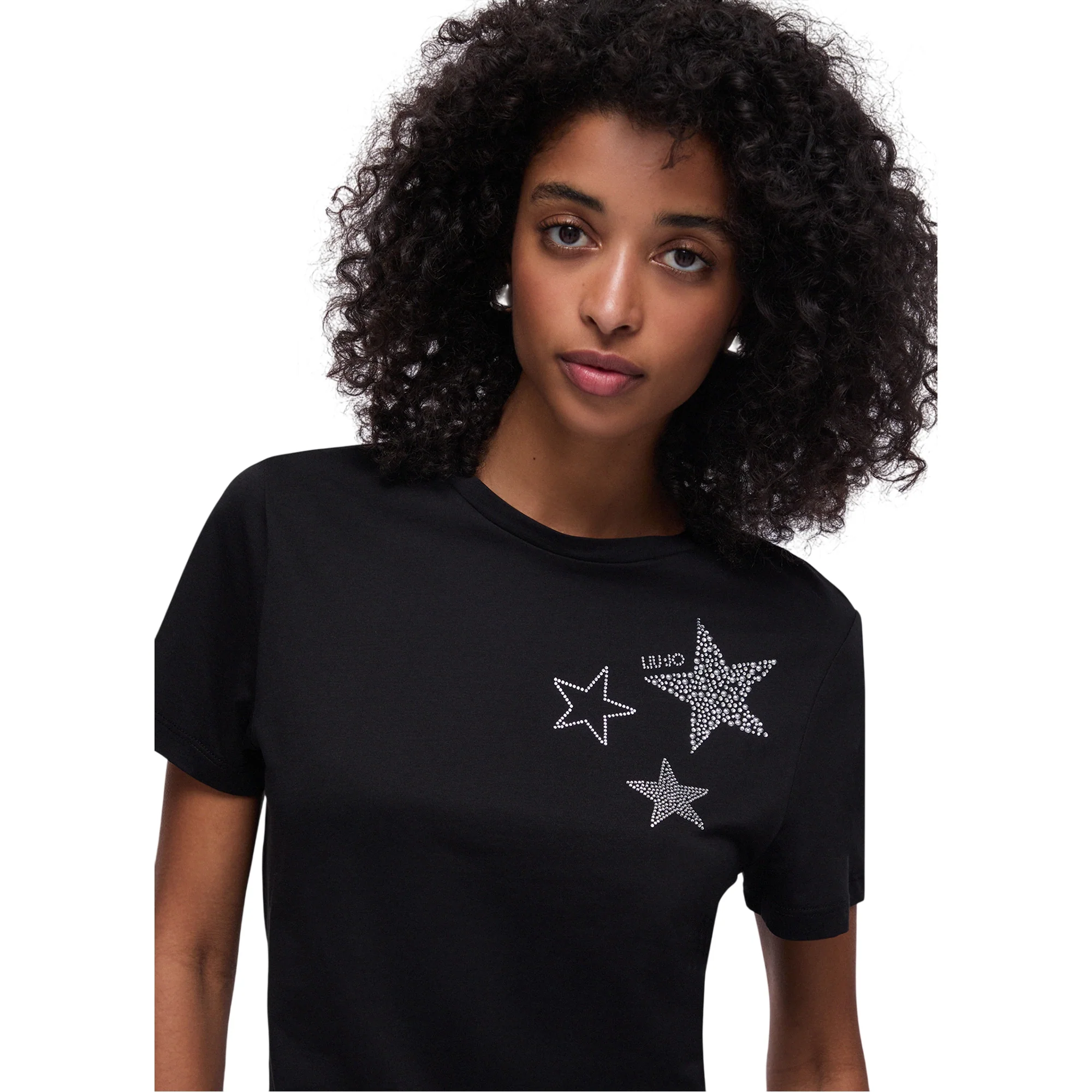T-shirt in cotone con applicazioni strass in nero - Image 4