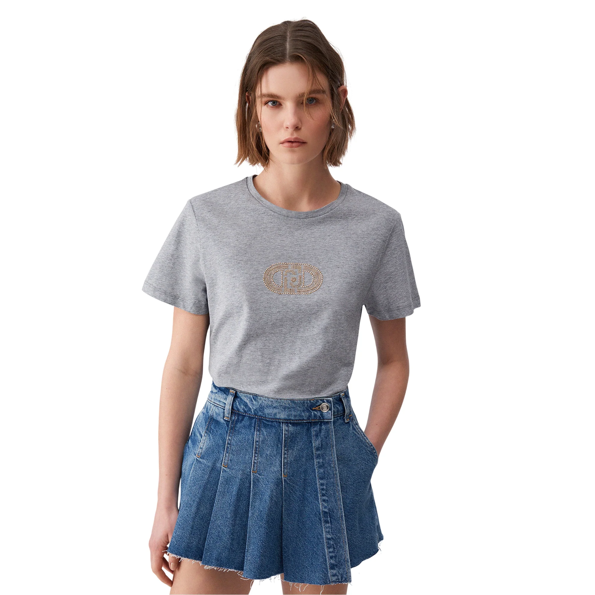 T-shirt di cotone con applicazioni gioiello in grigio - Image 2