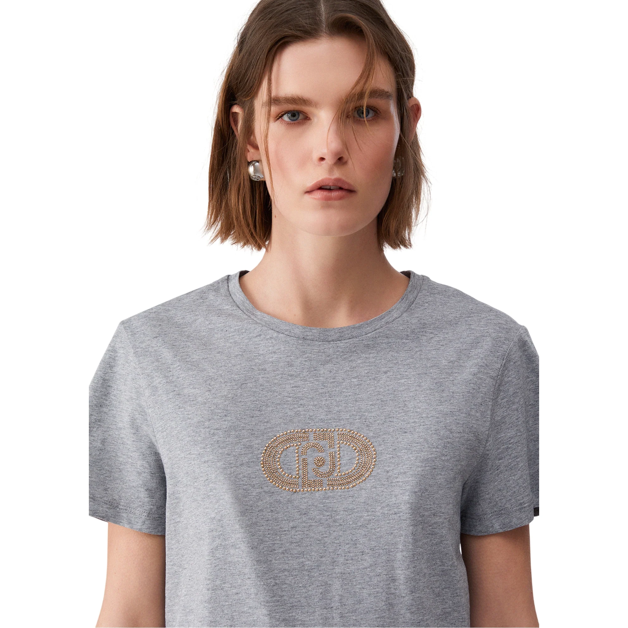 T-shirt di cotone con applicazioni gioiello in grigio - Image 4