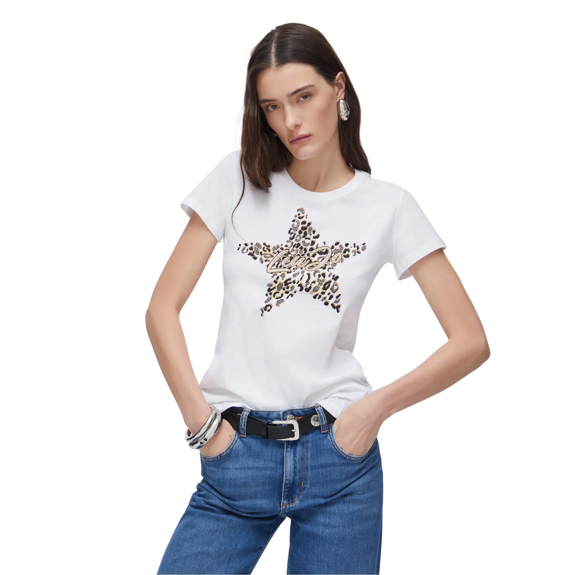 T-shirt donna con stampa stella e strass bianca - Image 2