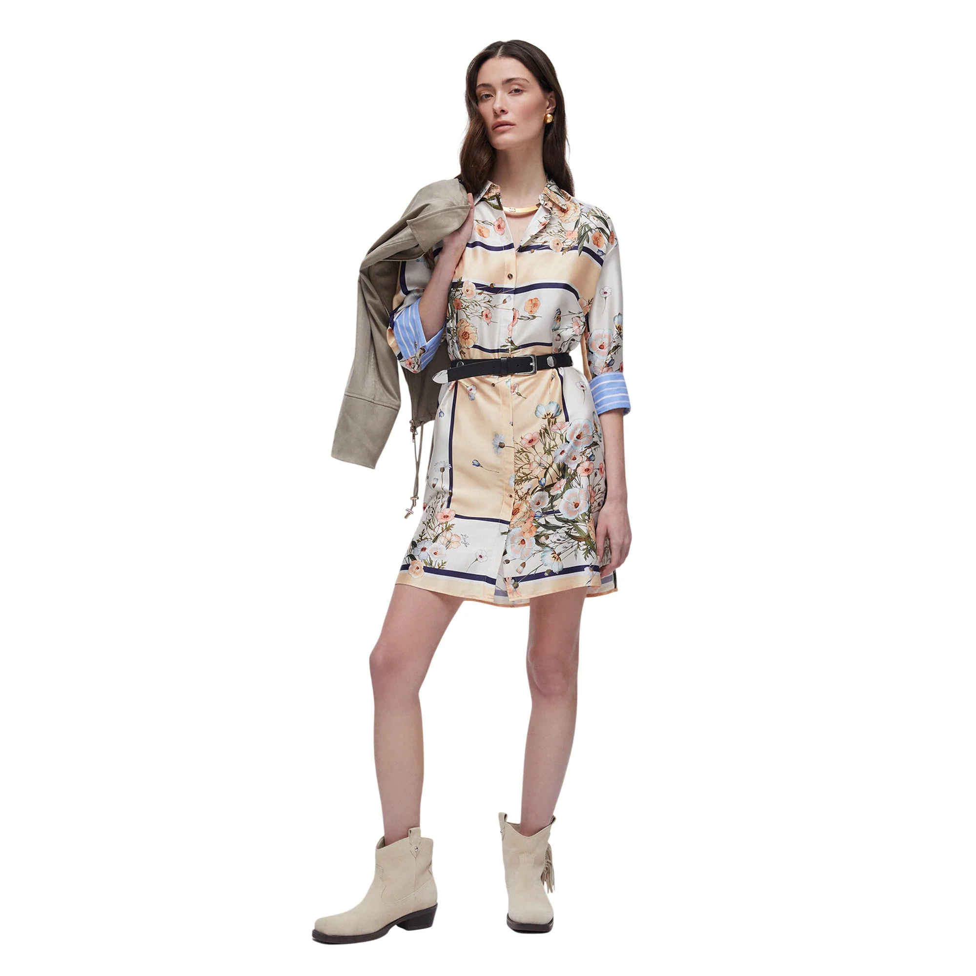Abito corto in twill con stampa e cinta - Image 7