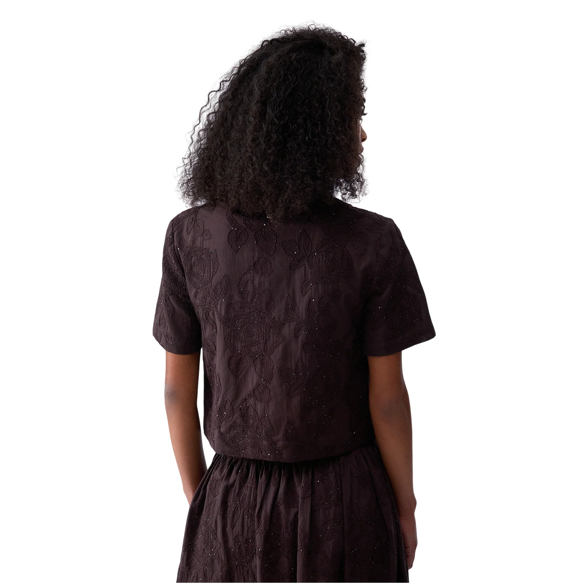 Camicia a maniche corte con ricami e paillettes in marrone - Image 3