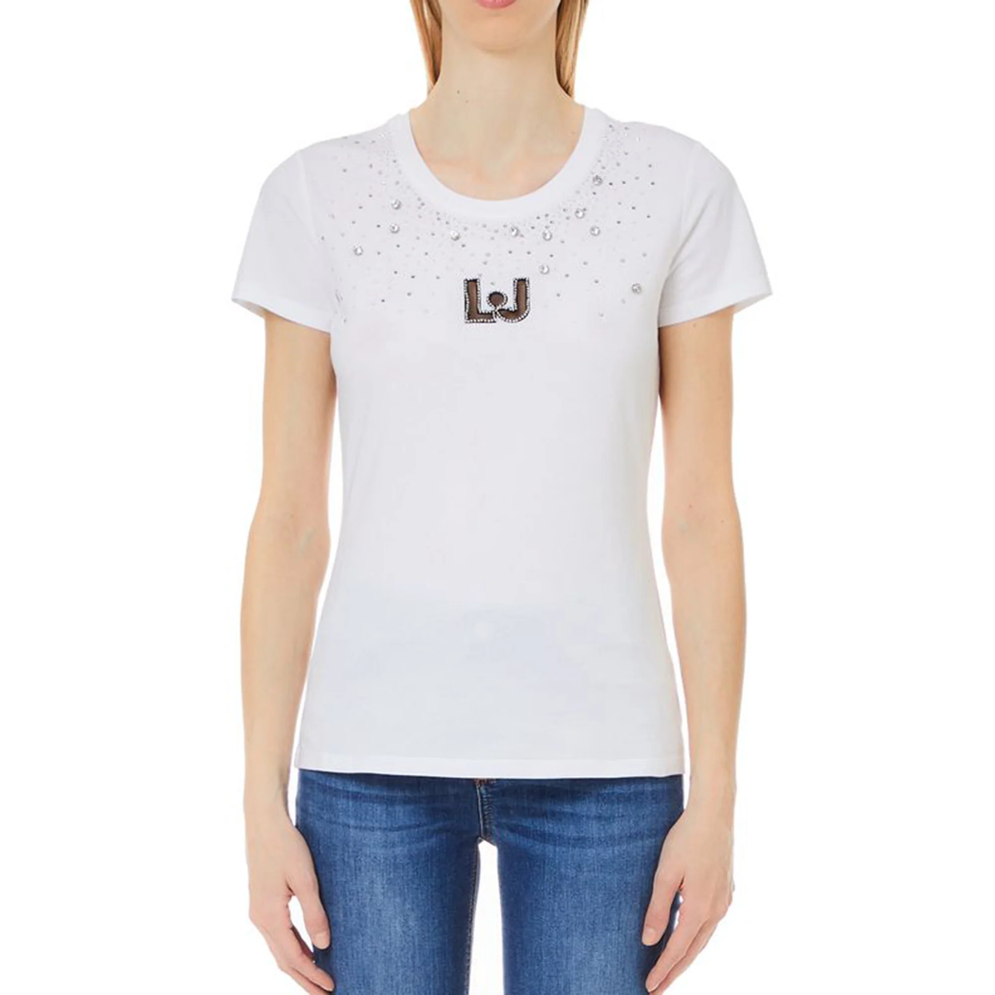 T-shirt Donna Bianco con logo e strass applicati