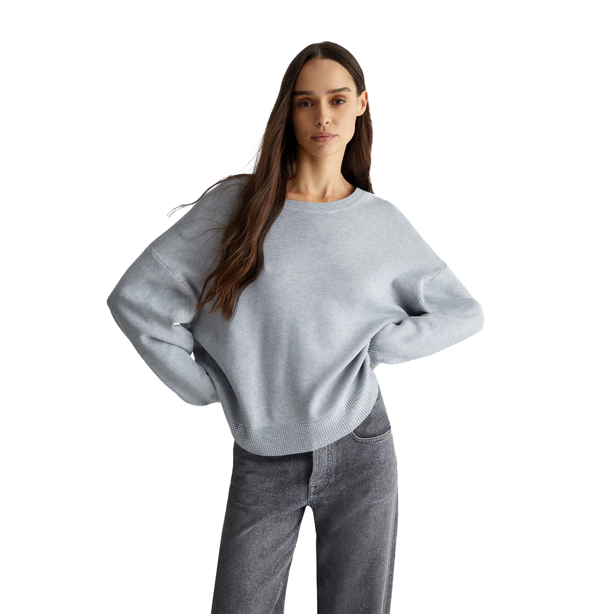 Maglia girocollo Donna con strass Grigio - Image 2