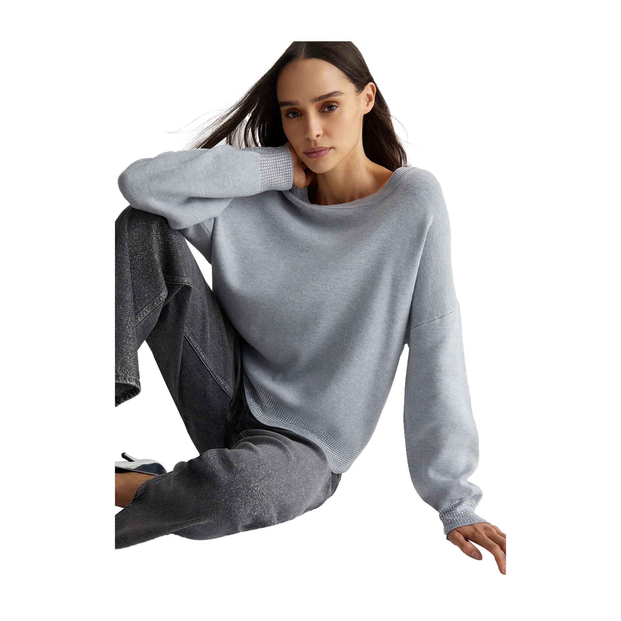 Maglia girocollo Donna con strass Grigio - Image 6